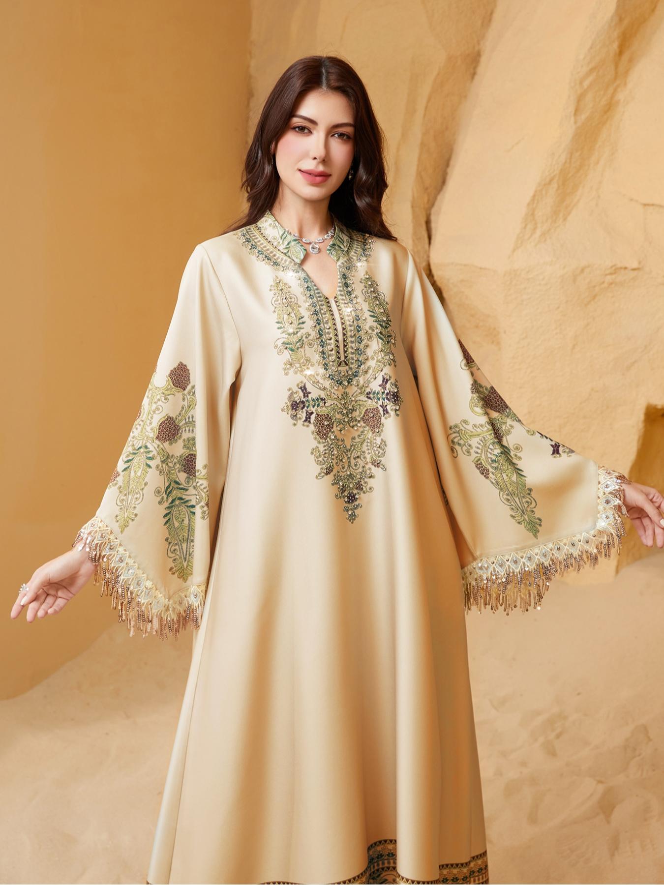 Women's Elegant Long Dress, Loose Fit Ethnic Print, Lace-Up Design, All-Season Wear, Perfect for Evening Occasions & Special Events