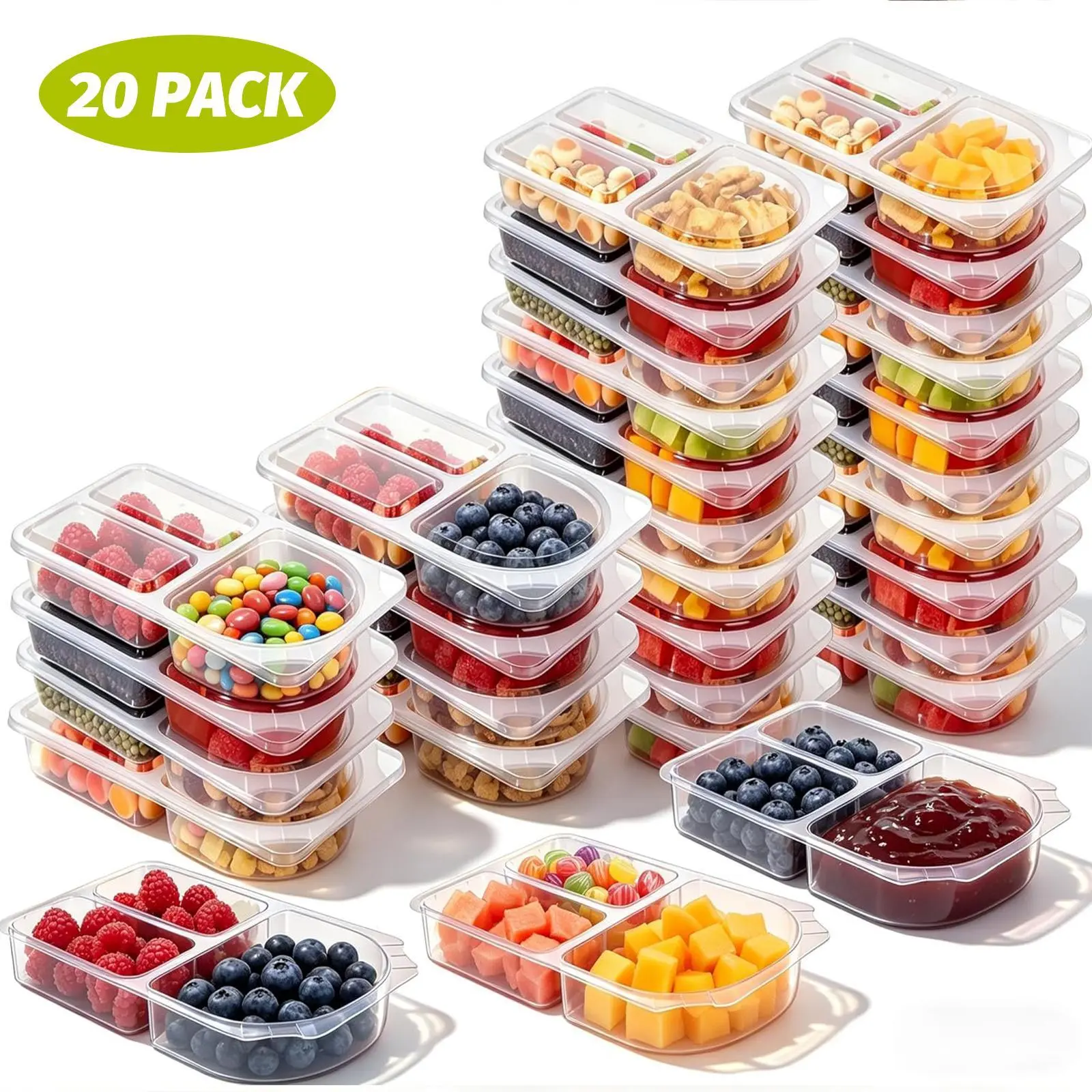 40 sets Reusable Snack Containers 2 Compartment Condiment Container With Lids Snackle Box Container Portion Control for Refrigeration Sauce,OutdoorTakeaway, Travel
