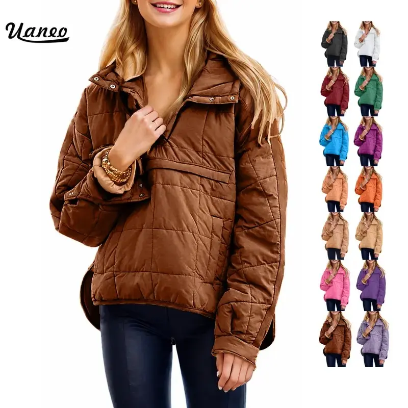 Women's Oversized Hooded Quilted Pullover Puffer Jacket with Dolman Long Sleeves, Side Pockets, Lightweight Warm Casual Outerwear