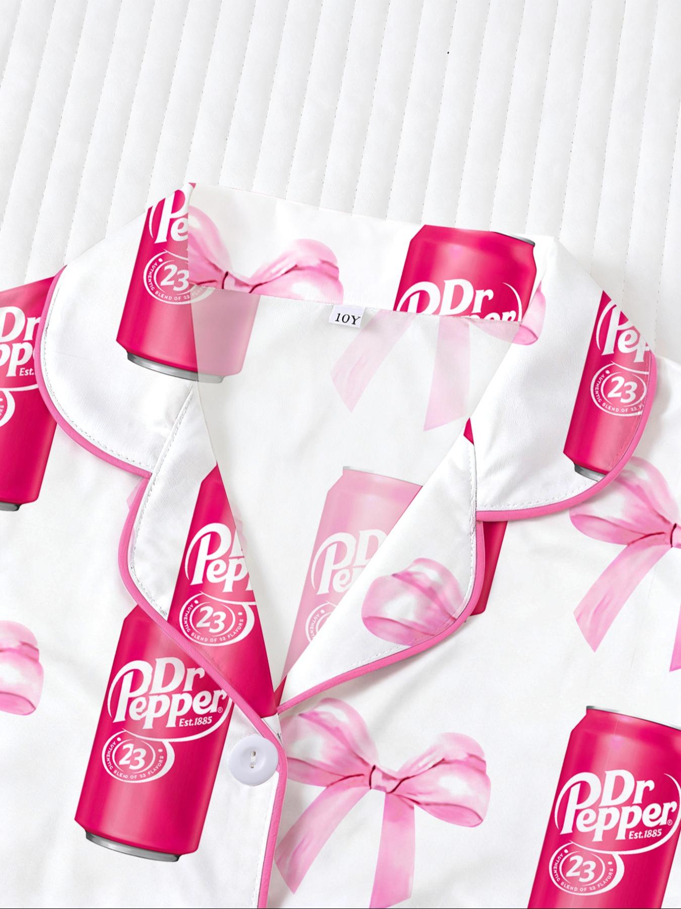 Dr Pepper Soda Can Bow Print Short Sleeve Shirt Pajama Set, Cartoon Sleepwear Two-Piece Suit, Casual Loose Fit Home Wear