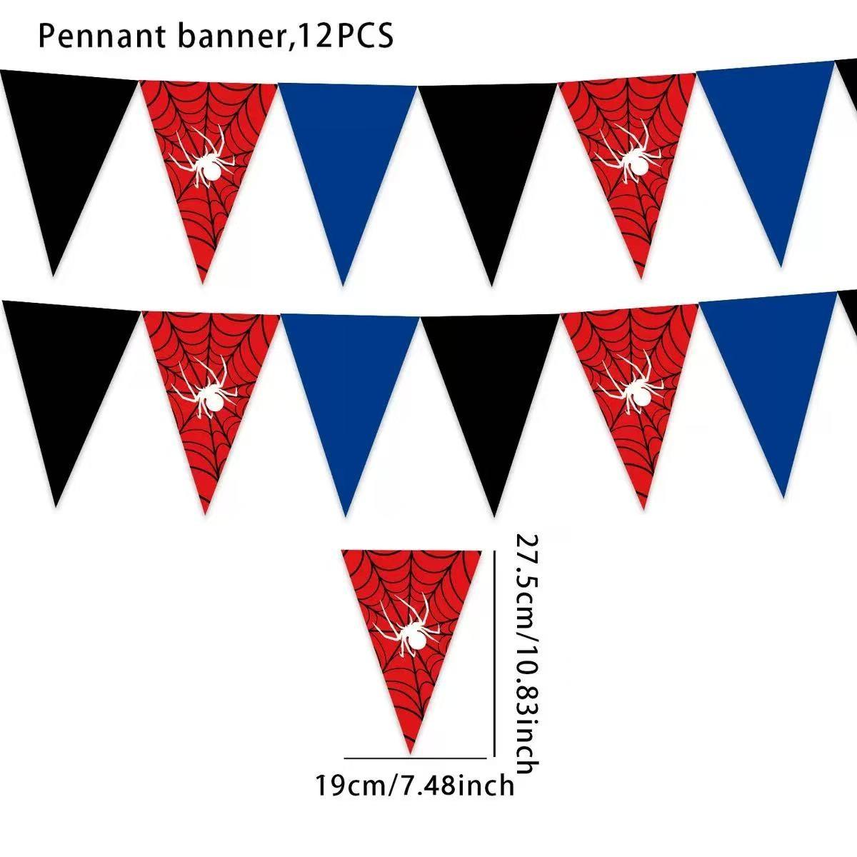 12pcs set of spider-themed Halloween party supplies Happy Birthday banner party decorations, classic red, blue, and black color scheme with Spider Web pattern design triangular flags, home wall decoration, wedding anniversary, holiday celebration supplies