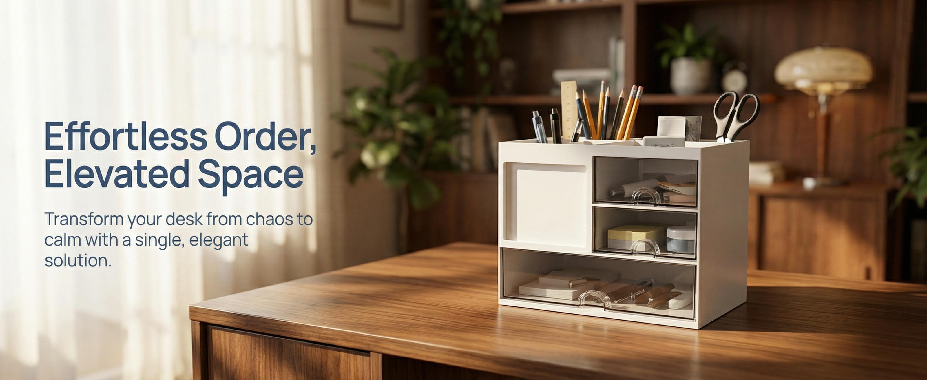 A desktop organizer with three drawers; a multi-functional pencil holder suitable for use in offices or at home; a desktop storage device with 8 compartments; available in white, perfect for storing art supplies in offices or homes.