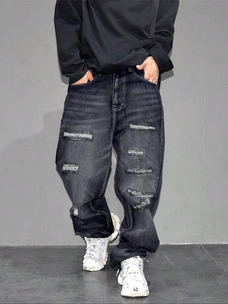 Men's High Street Style Ripped Wide Leg Jeans, Trendy Loose Fit Straight Pants, Casual Fashion for All Seasons