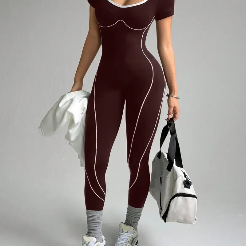Women's Colorblock U-Neck Short Sleeve Sporty Yoga Athletic, High-Stretch Running Fitness Activewear Workout Jumpsuits, Ankle-Length, All Seasons