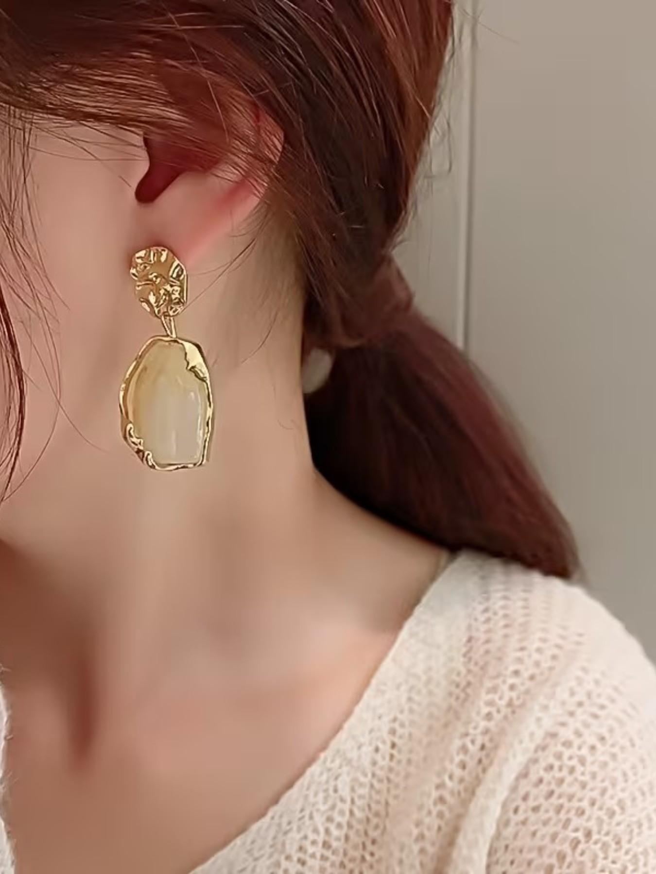 Vintage Elegant Irregular Geometric Resin Dangle Earrings, Simple Chic Style, Women's Metal Texture Earrings, Perfect for Daily Wear, Ideal Gift