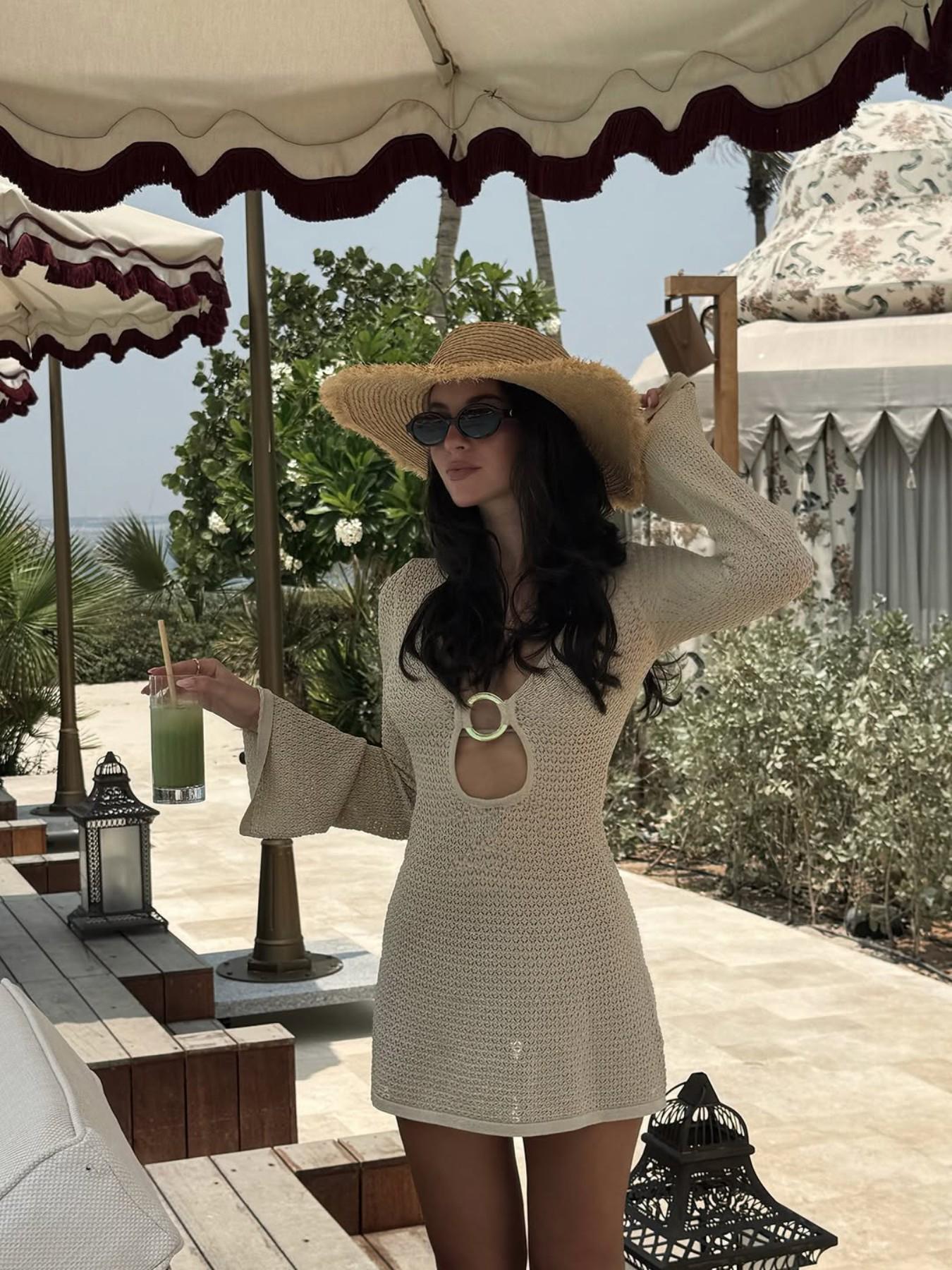 Elegant Vacation Style V Neck Hollow Out Knit Dress, Slim Fit Long Sleeve a Line Skirt, Plain Design for Women