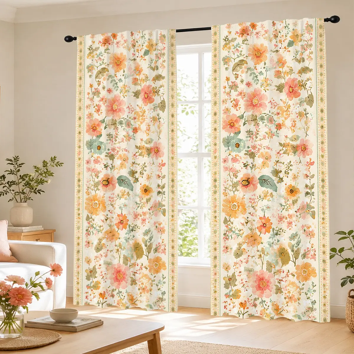 2pcs Creamy pink and yellow floral print semi-blackout curtains, fresh and pastoral daisy floral fabric curtains, pocket rod installation, made of polyester, suitable for bedrooms, kitchens, studies, etc.