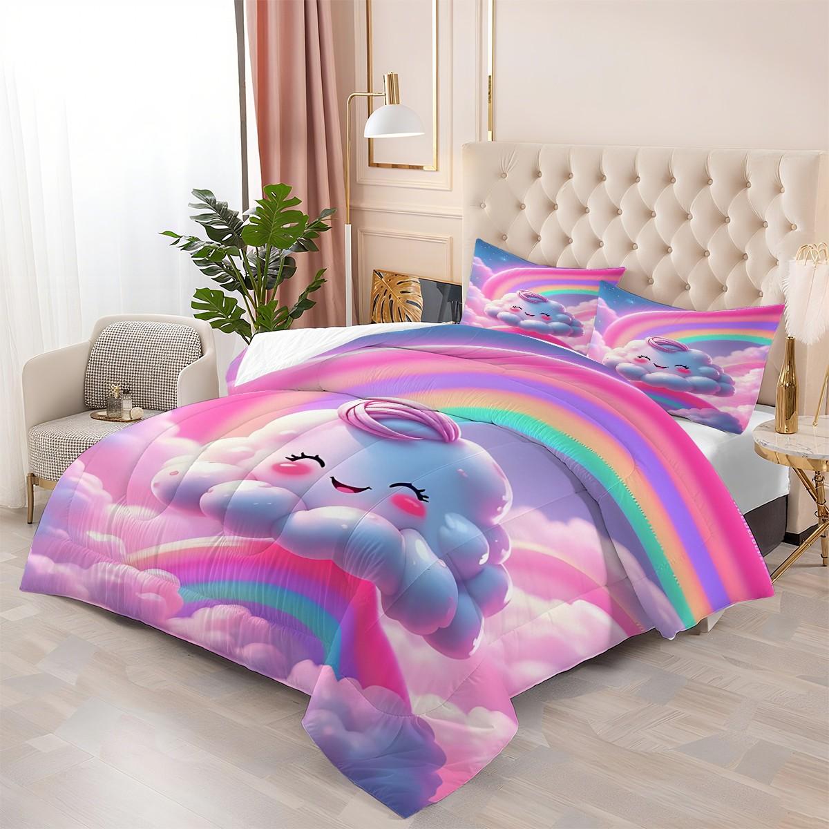 2/3 Dreamy and Cute Style Comfortable Comforter Set, Using Cute Cloud Printed Quilted Bedding Set, Soft and Breathable, Creating A Dreamy Atmosphere for A Girlish Bedroom. Includes 1 or 2 Pillowcases (Excluding Pillow Core).