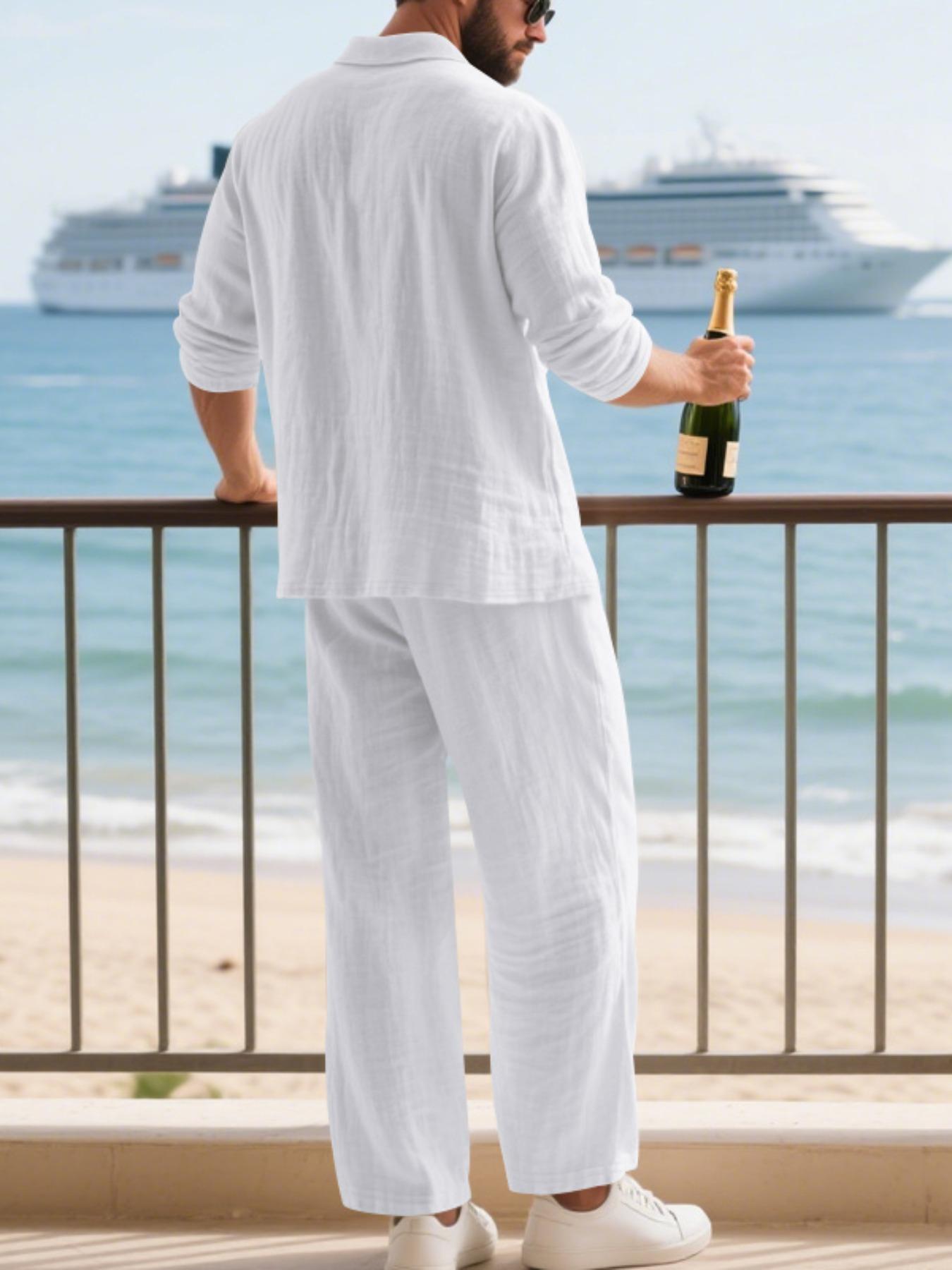 Men's Linen Polo Shirt & Pants Set, Classic Casual Loose-Fit Long Sleeve Top, Spring & Fall Woven Fabric for Daily Wear