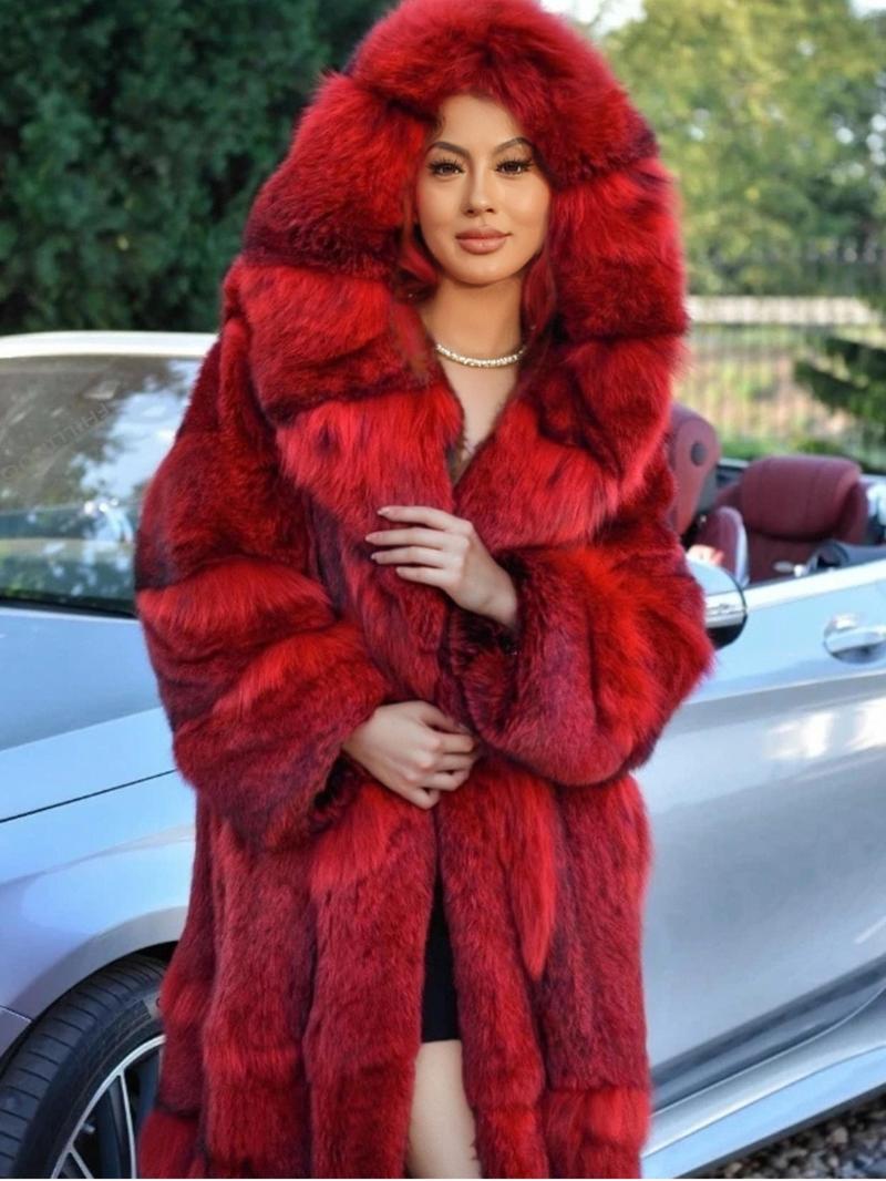 Women's Faux Fur Coat, Elegant Long Sleeve Hooded Design, Soft Fox Fur Patchwork, Loose-Fitting Winter Outerwear for Travel Christmas New Year