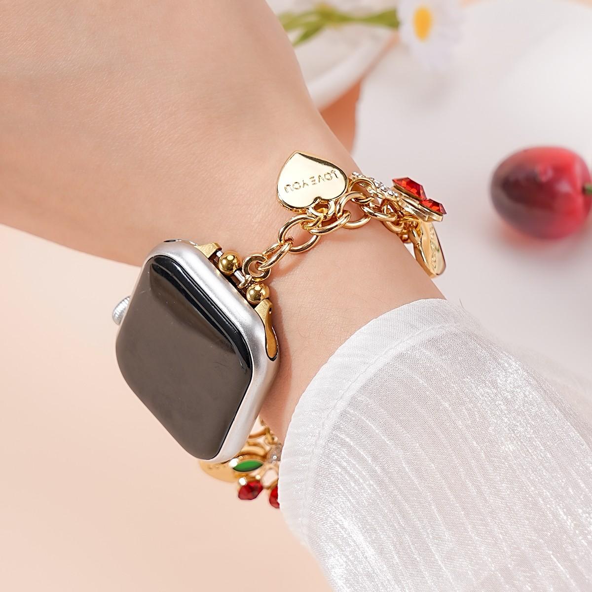 Women's Metal Chain Apple Watch Band, Heart Cherry Charm Bracelet Strap for Iwatch 38-49mm, Perfect Gift for Birthday & Valentine's Day