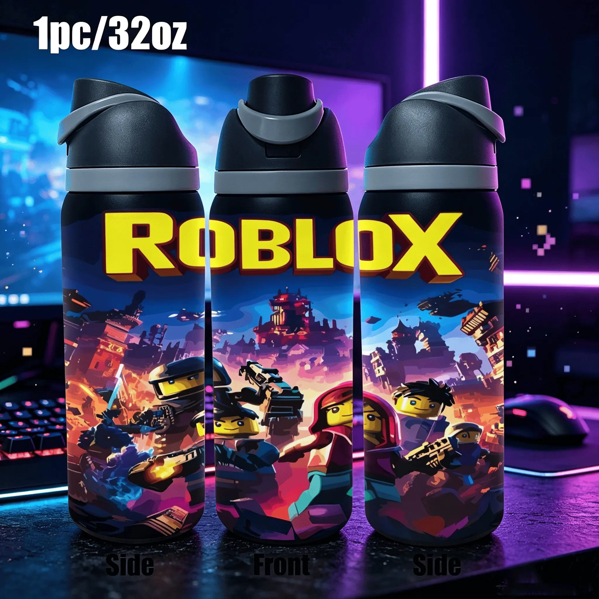1pc 20/32oz Roblox Adventure Game‑World Art 2D Print Insulated Sports Water Bottle, Insulated Vacuum Drinkware, Stainless Steel Leak‑Proof Vacuum Thermos With Portable Handle, Heat Cold Preservation, Collectible Game Fan Gift
