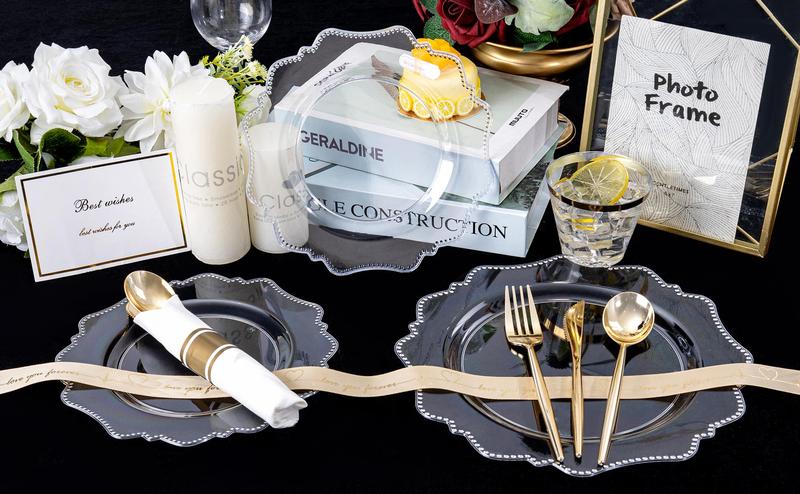 Silver/Gold/Clear/White/Blue Disposable Plates and Silverware Set: Dinner Plates,Dessert Plates, Cups,Napkins,Knife, forks, spoons-Perfect for Party