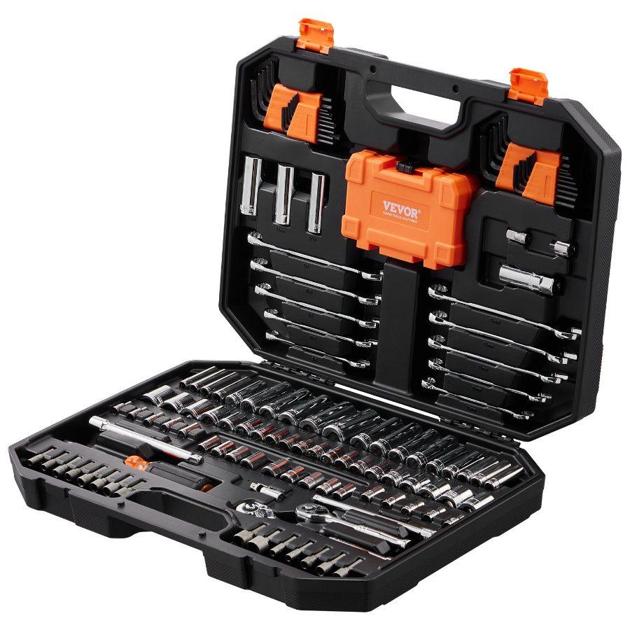 VEVOR 145-Piece Metal Mechanic Tool Set with Storage Case - Car Repair Tools Including 1/4 & 3/8 Drive Deep/Standard Sockets, SAE/Metric Bits, Combination Wrenches, Hex Wrenches, and Accessories
