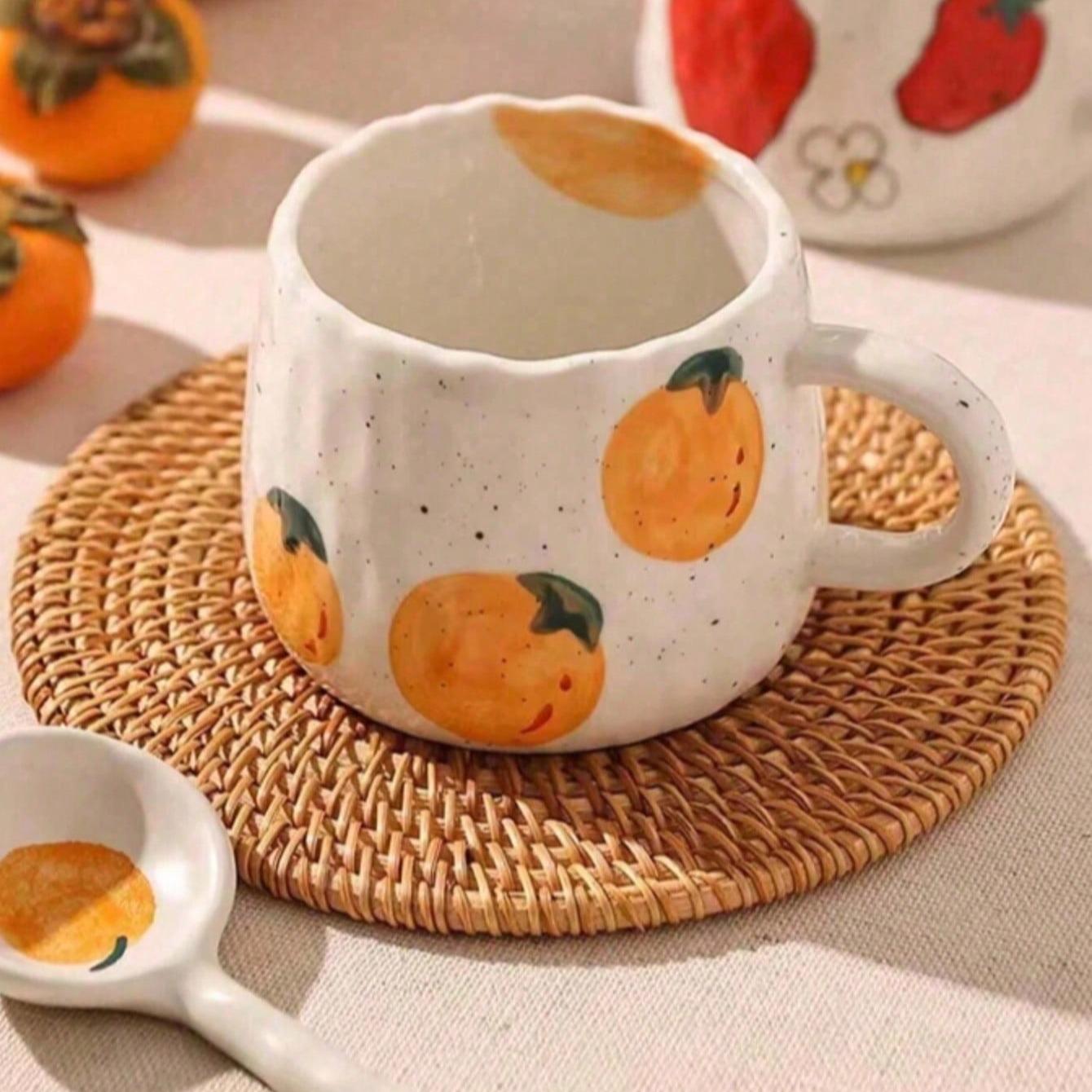 Hand-Drawn Fruit Pattern Ceramic Coffee Mug, Perfect Gift for Home Office Activities Christmas Birthdays, Unique Artistic Design, Ceramic Mugs