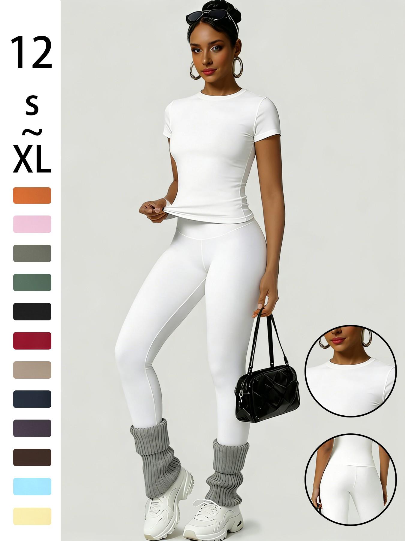 Women's Sporty Slim Fit High-Waisted Yoga Pants & Short Sleeve Round Neck Tee Set, Soft Breathable Activewear for Gym, Running and Outdoor Activities