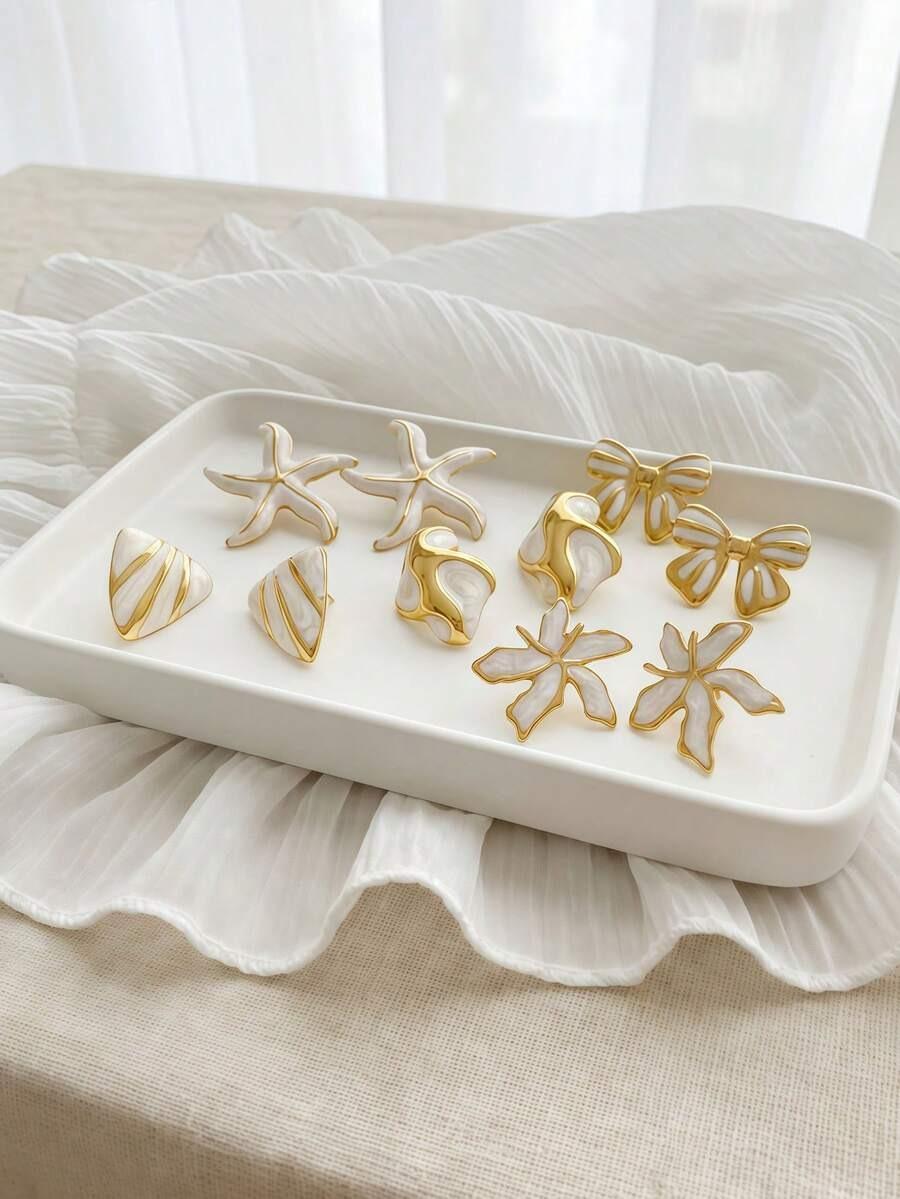 2026 New Arrival Enamel Stud Earrings for Women, White & Gold Starfish Flower Bow Statement Earrings, Cute Beach Jewelry Gifts for Girls