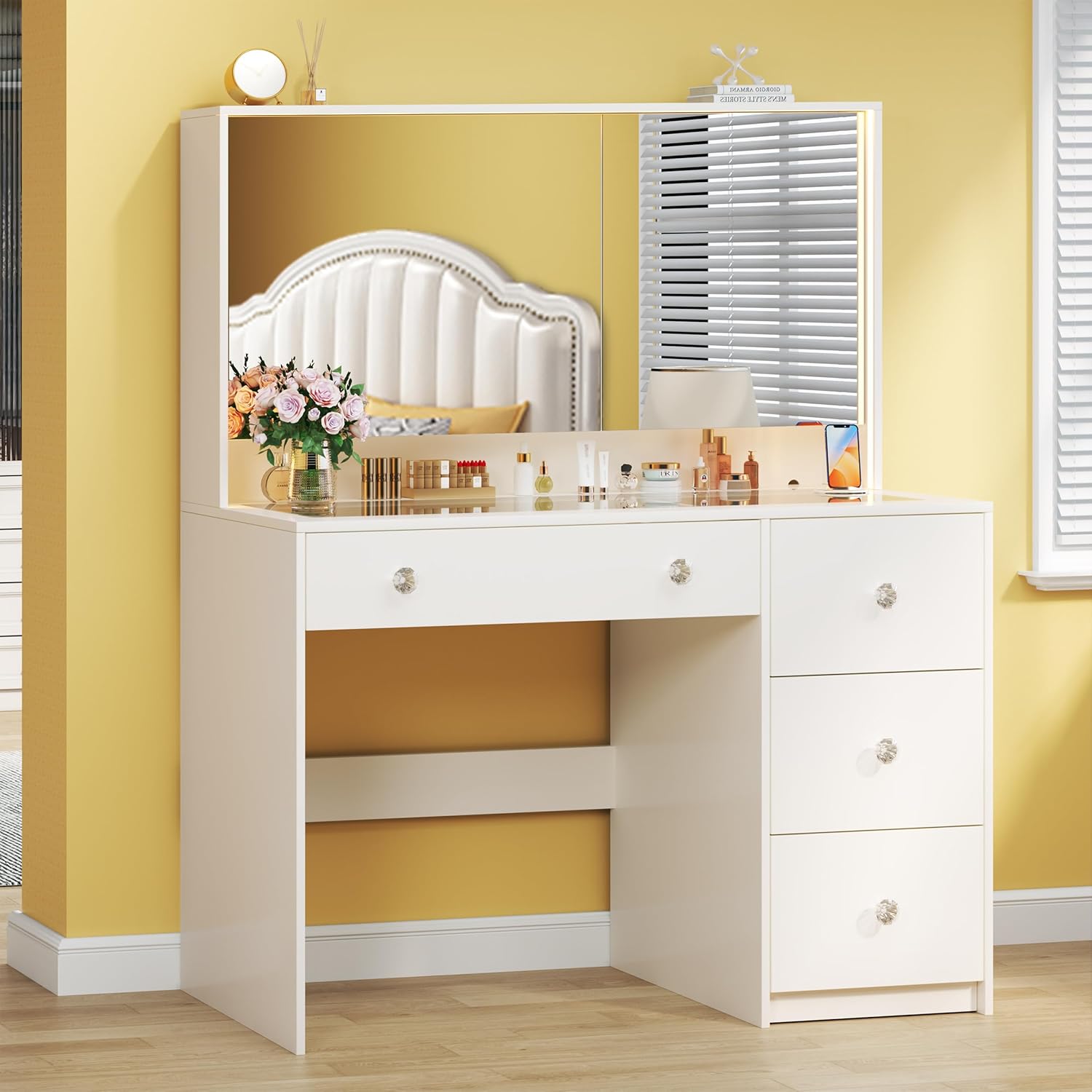 [ChristmasGifts] Vanity Desk with Mirror and Lights, Makeup Vanity with Glass Top & Power Outlet, White Vanity with 4 Drawers & 3 Long Hidden Storage Shelves, 3 LED Lighting Modes Adjustable for Bedroom