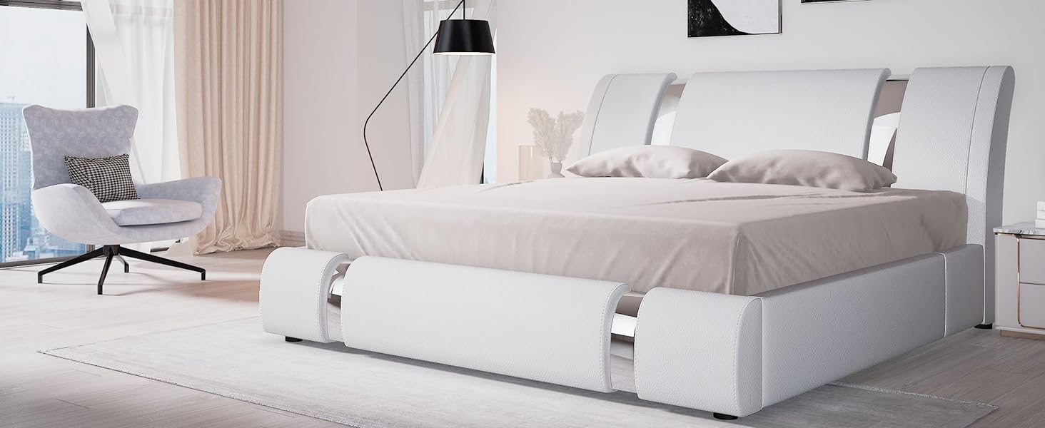 Allewie Queen Size Platform Bed Frame with Iron Piece Decor, Faux Leather Upholstered Bed with Curved Adjustable Headboard, Wooden Slats Support, No Box Spring Needed, Modern Style, White Allewie Queen Size Platform Bed Frame with Iron Piece Decor, Faux Leather Upholstered Bed with Curved Adjustable Headboard, Wooden Slats Support, No Box Spring Needed, Modern Style, White