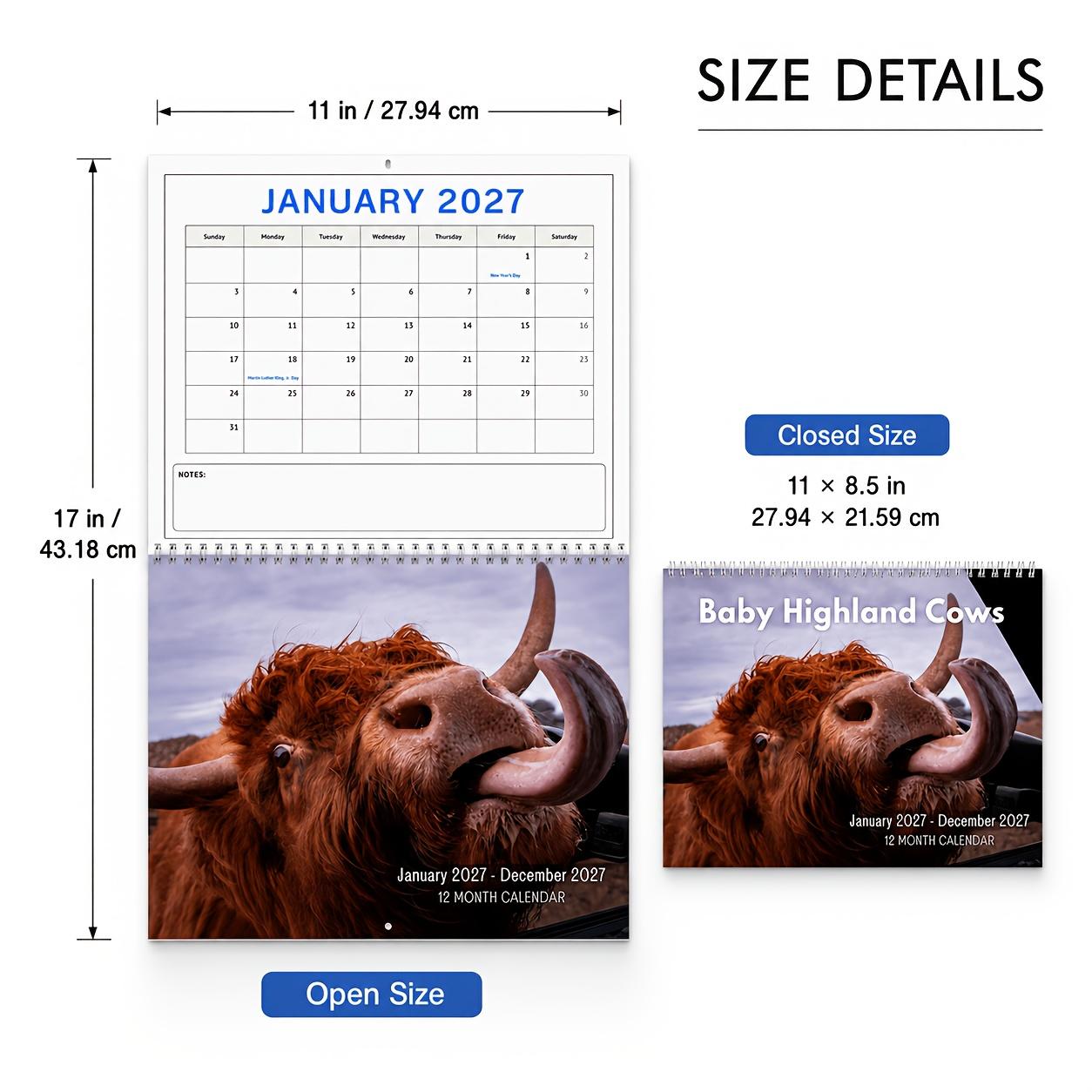 2027 Baby Highland Cows Wall Calendar, Cute Highland Cow Farm Animal Calendar, 12 Month Large Monthly Calendar, December, January, Rustic Farmhouse Gift