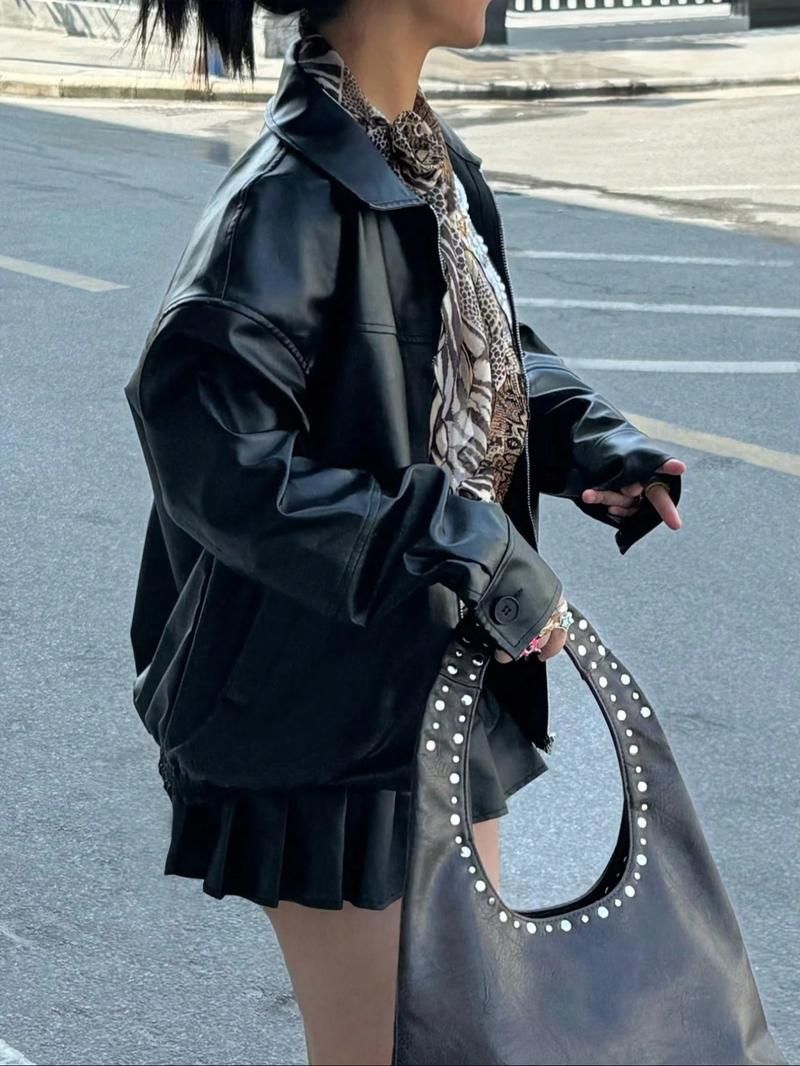 Women's Preppy Motorcycle Jacket, Casual Loose-Fit Long Sleeve Leather Coat, Autumn Winter Fashion Outerwear for Women