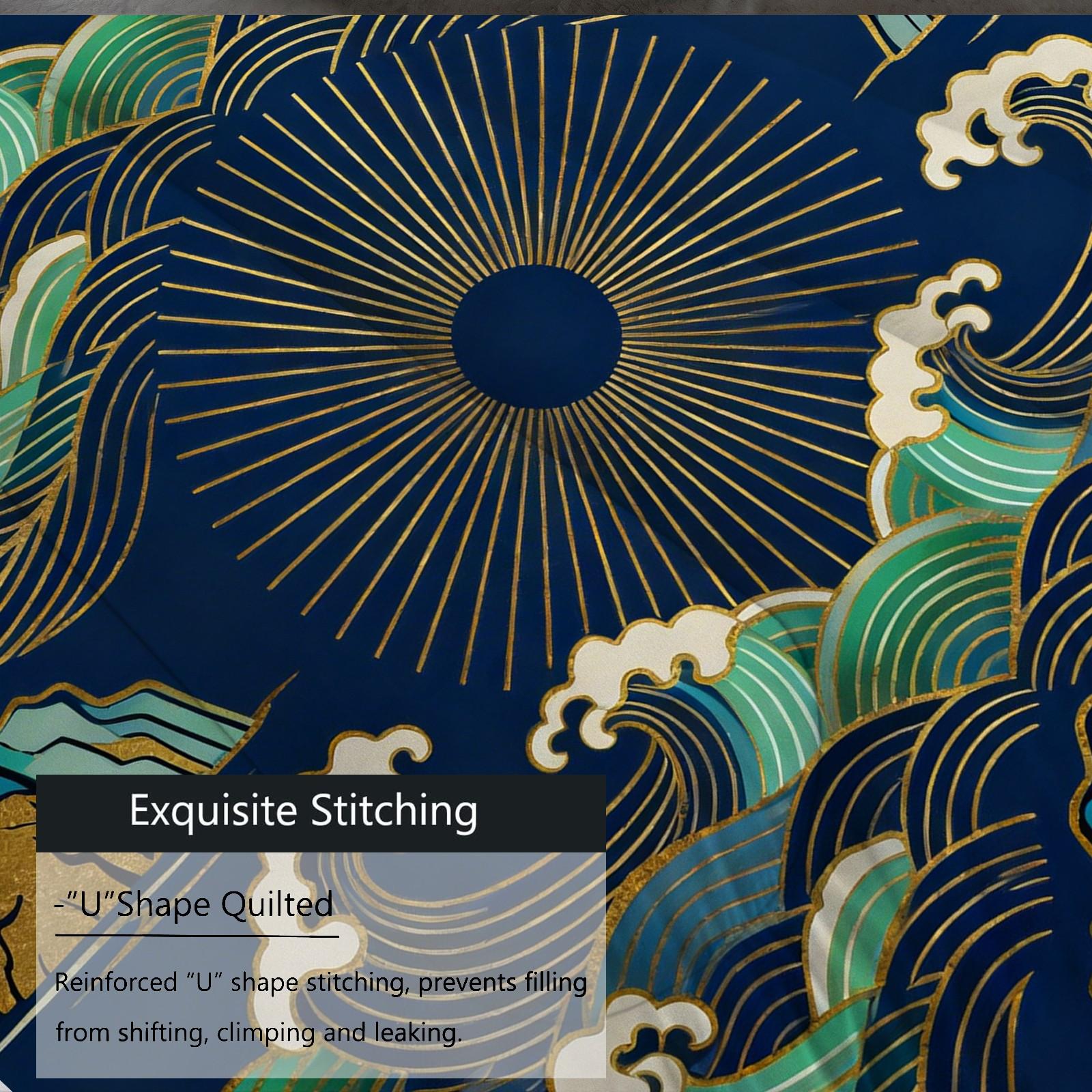 2/3 Piece Japanese Wave Sun Comforter Set | Gold Foil Great Wave HD Print Bedding Set | Soft Lightweight U-Quilted Quilt | For Bedroom Dorm (Pillows Not Included)
