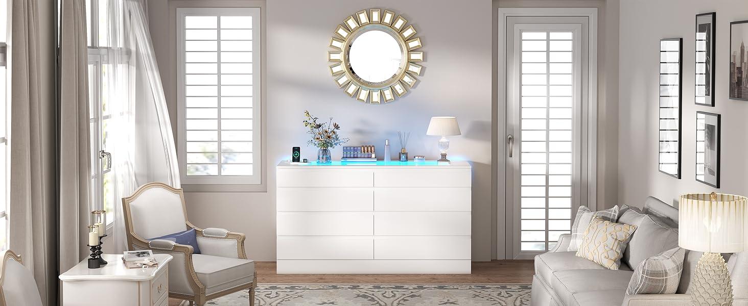 8 Drawer Dresser with Power Outlet and LED, White Dresser for Bedroom Chest of Drawer with Glass Top, Modern Double Wide Drawer Organizer Cabinet for Living Room 8 Drawer Dresser with Power Outlet and LED, White Dresser for Bedroom Chest of Drawer with Glass Top, Modern Double Wide Drawer Organizer Cabinet for Living Room