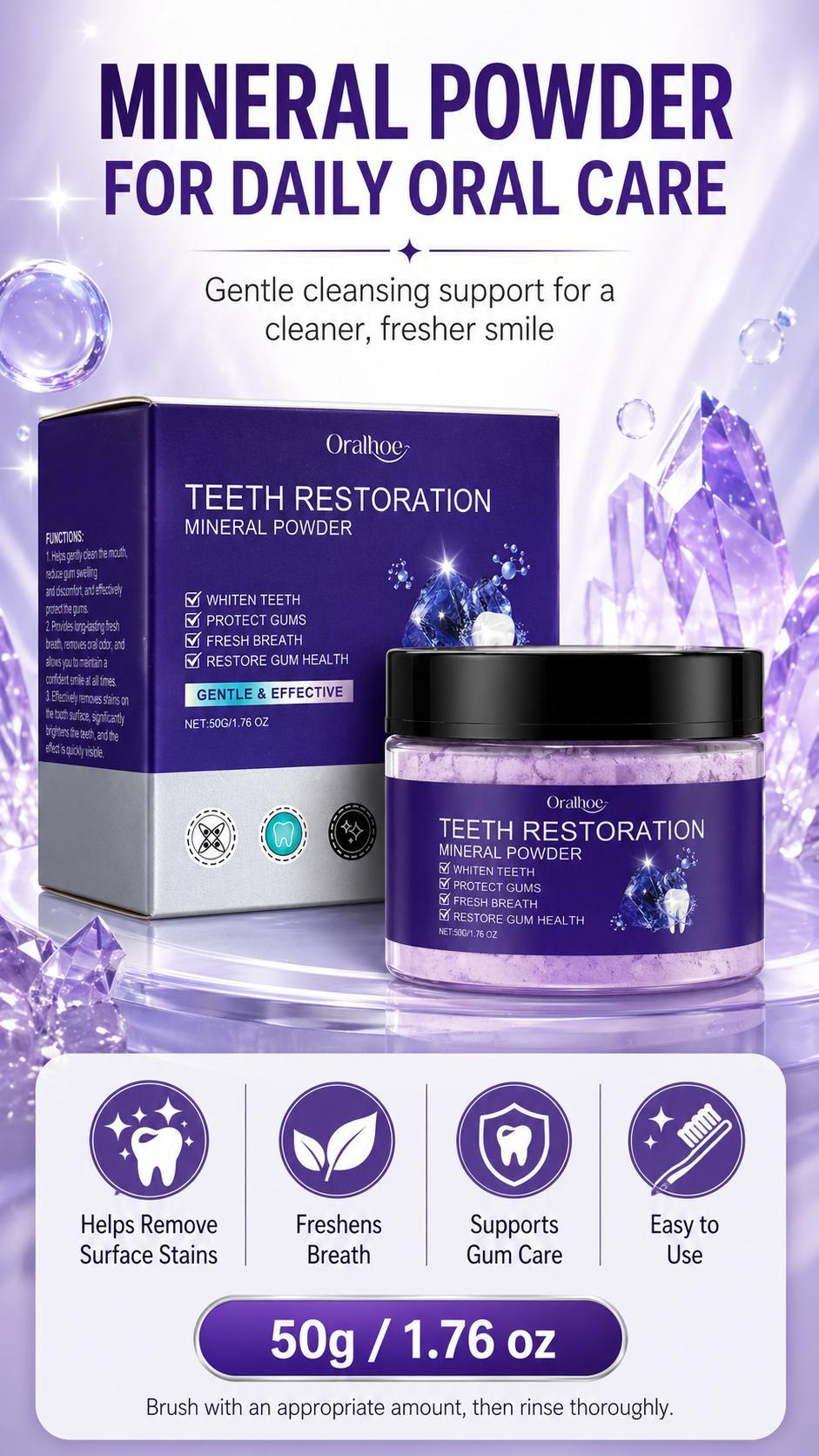 Purple Mineral Tooth Powder, Fresh Mint Daily Teeth Cleaning Powder, Gentle Oral Care for Brighter-Looking Smile, Fresh Breath & Surface Stain Care, 1.76 oz