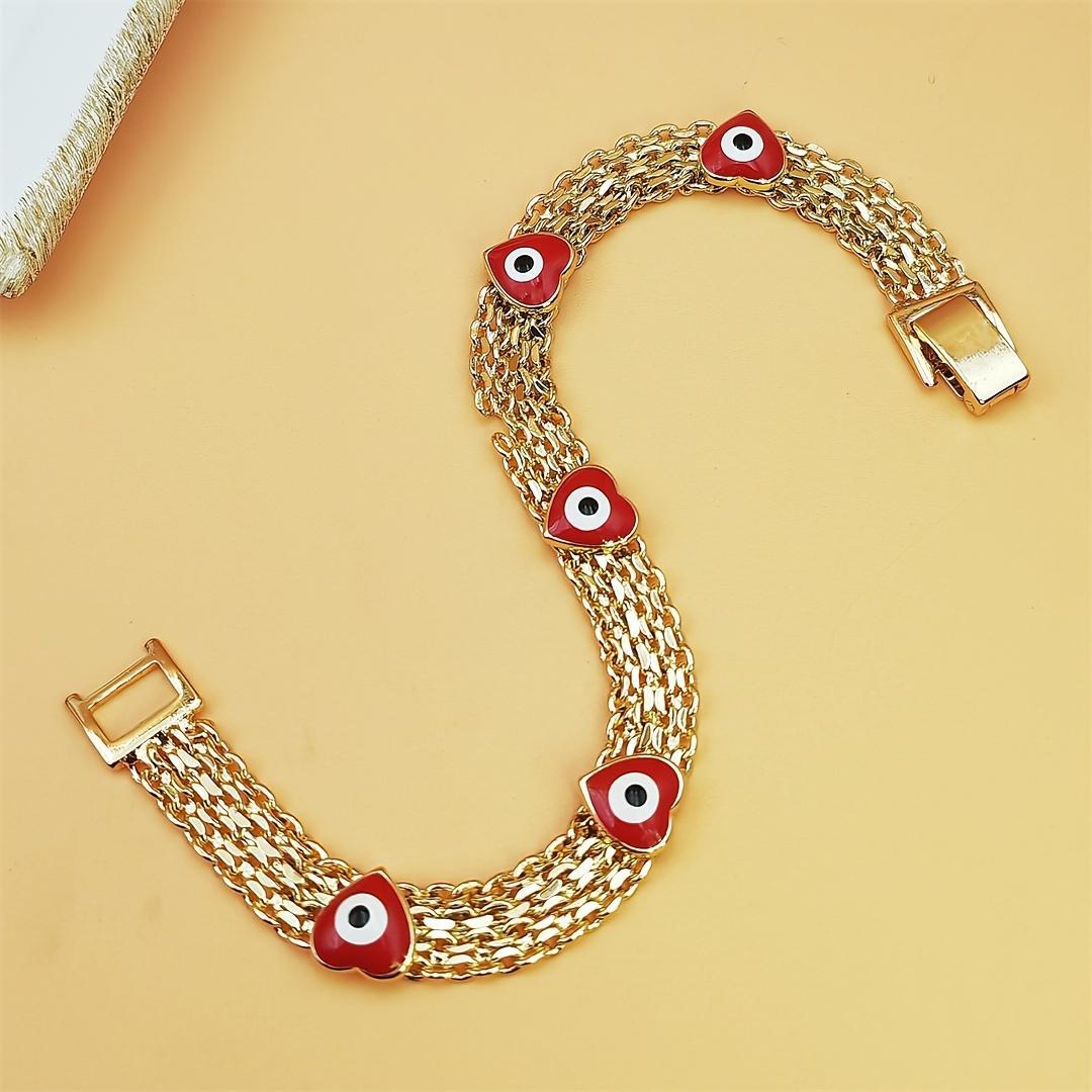 Women's Exquisite Trendy Boho Evil Eye Layered Bracelet - Gold-Tone Copper with Red Beads & Plastic Accents, Adjustable Size, Stainless Steel, Layered Look, Trendy Festival Gift, Bohemian Fashion Accessory Sets