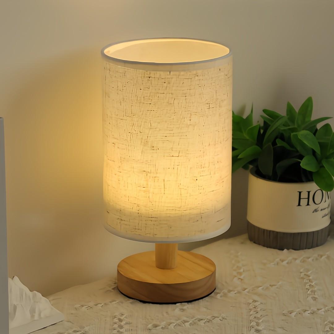 USB Bedroom Night Light, Linen Shade, Wooden Base, LED Lamp, Tabletop Installation, Ideal for Reading, Living Room, Office