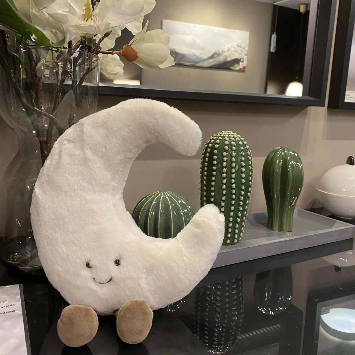 Adorable Smile Face White Moon Yellow Sun Plushie Stuffed Cute Cartoon Weather Plush Toy for Kid Bedroom Decor Sofa Throw Pillow