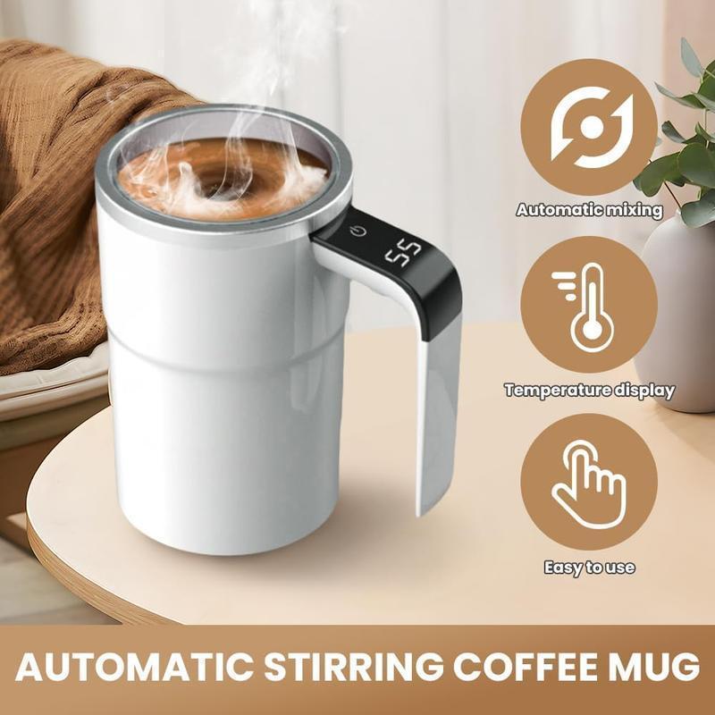 Electric Self-Stirring Coffee Mug – Rechargeable Magnetic Stirring Cup with LCD Thermometer, Auto Mixing for Milk/Cocoa/Protein Shakes, 304 Stainless Steel Double-Wall Insulated, Leak-Proof Travel Mug for Office Kitchen, Smart Gift for Coffee Lovers