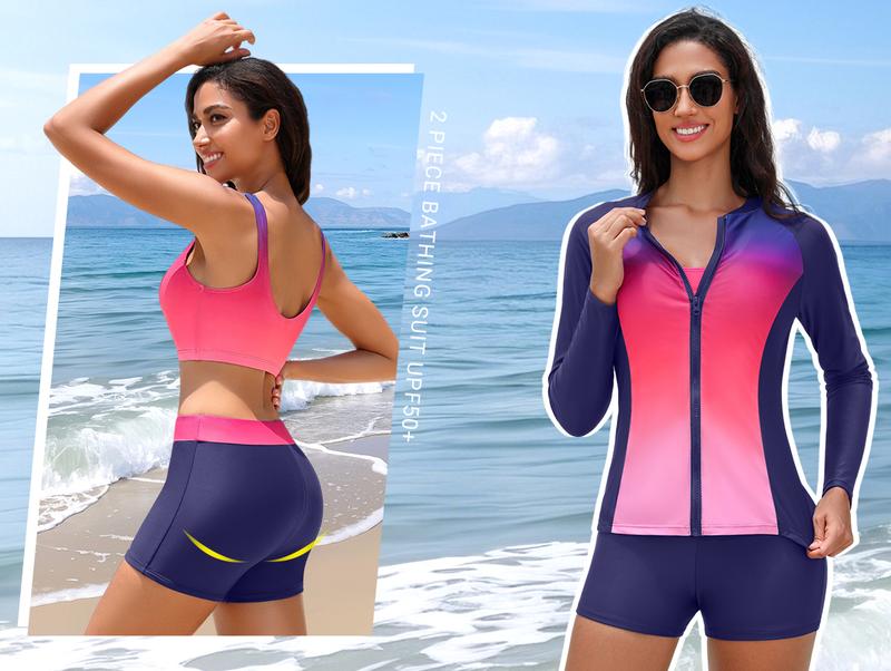 Holipick Long Sleeve Swimsuits for Women - Three Piece Rash Guard with Shorts Zipper SPF Swim Shirt with Built in Bra