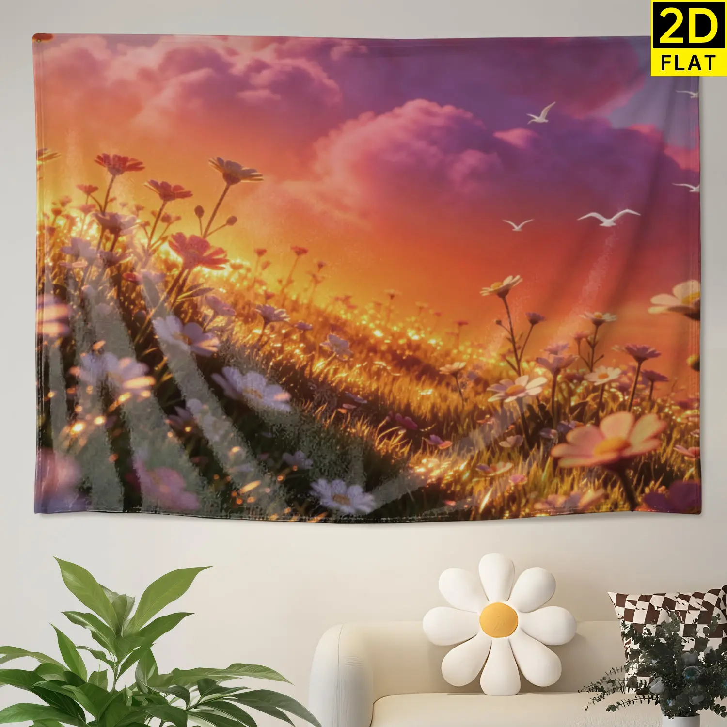 Whimsical Sunset Flower Meadow Flying Birds Large Horizontal Colorfast Polyester Wall Tapestry - No-Installation Whimsical Home Decor, Ideal for Bedroom, Gift Ideas for Family and Friends, Wall Decor
