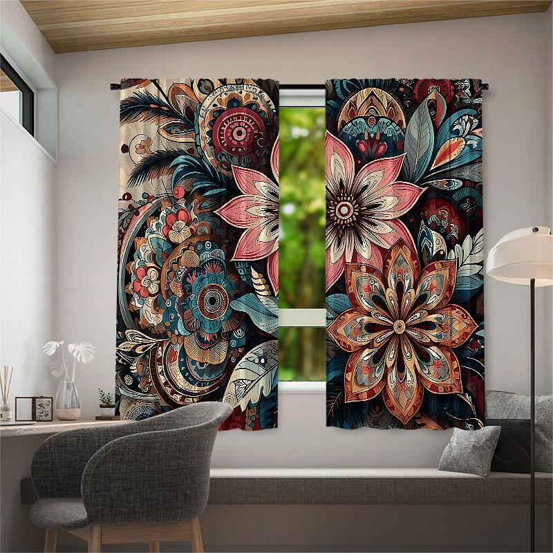 2 pieces of retro mandala-style floral printed curtains, made of polyester with semi-transparent texture, machine washable, suitable for bedrooms, living rooms and home decoration curtains.
