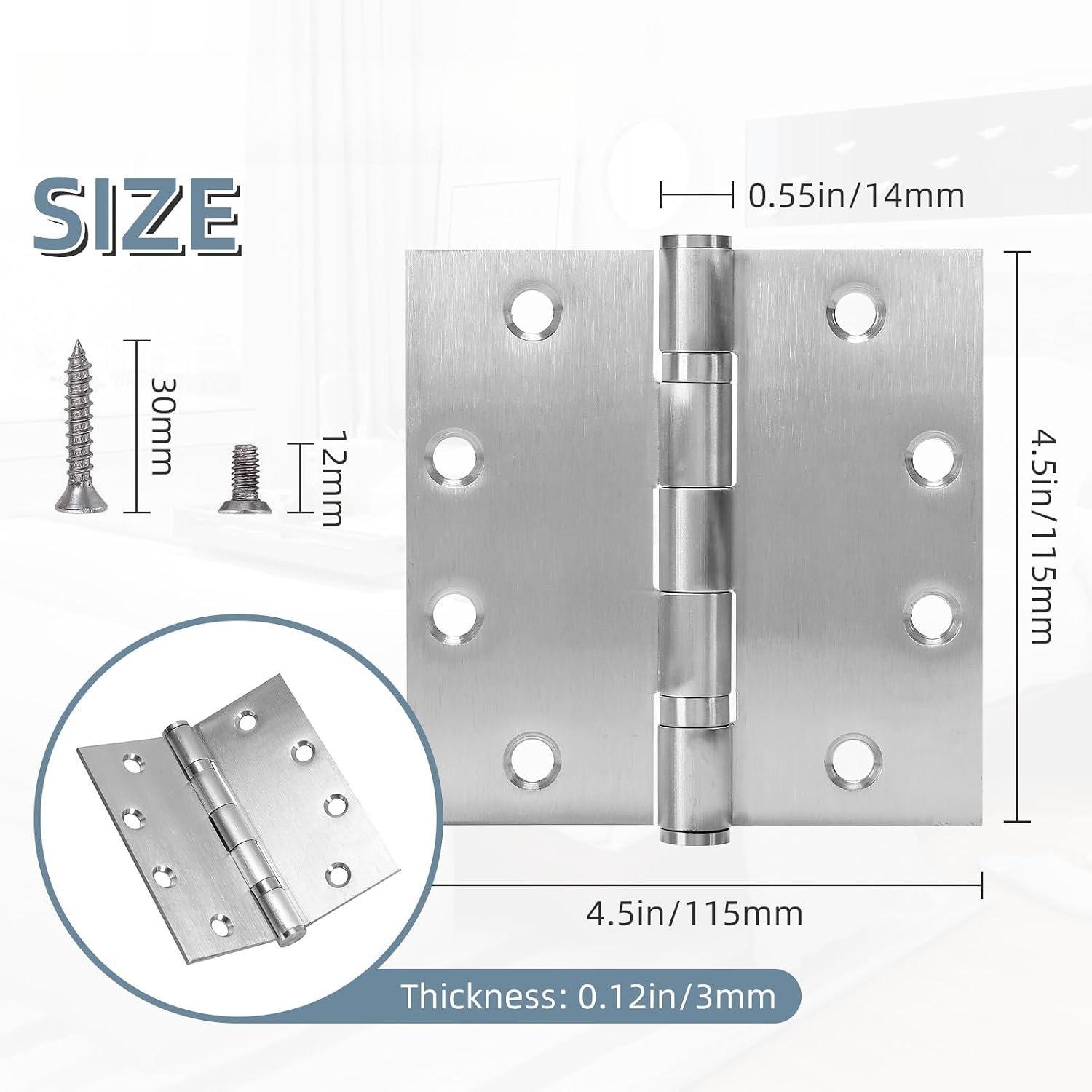 4.5" Heavy Duty Stainless Steel Door Hinge, 3 Pack 4.5 x 4.5 Inch Ball Bearing Door Hinges with Square Corners for Commercial and Residential Doors, Brushed Nickel