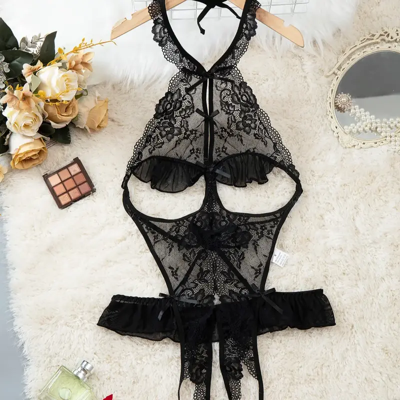 Women's Sexy Deep V Neck Backless Teddy Lingerie Bodysuit, Soft High Stretch Lace Floral Patchwork, Semi-Transparent Shapewear Sleepwear