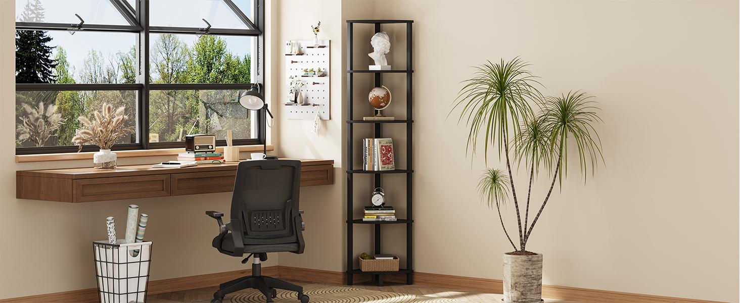 Corner Shelf, 6-Tier Corner Bookshelf, Industrial Corner Ladder Shelf, DIY Storage Shelves, Modern Display Shelf for Living Room, Bedroom, Kitchen, Home Office, Black UJSJ004B