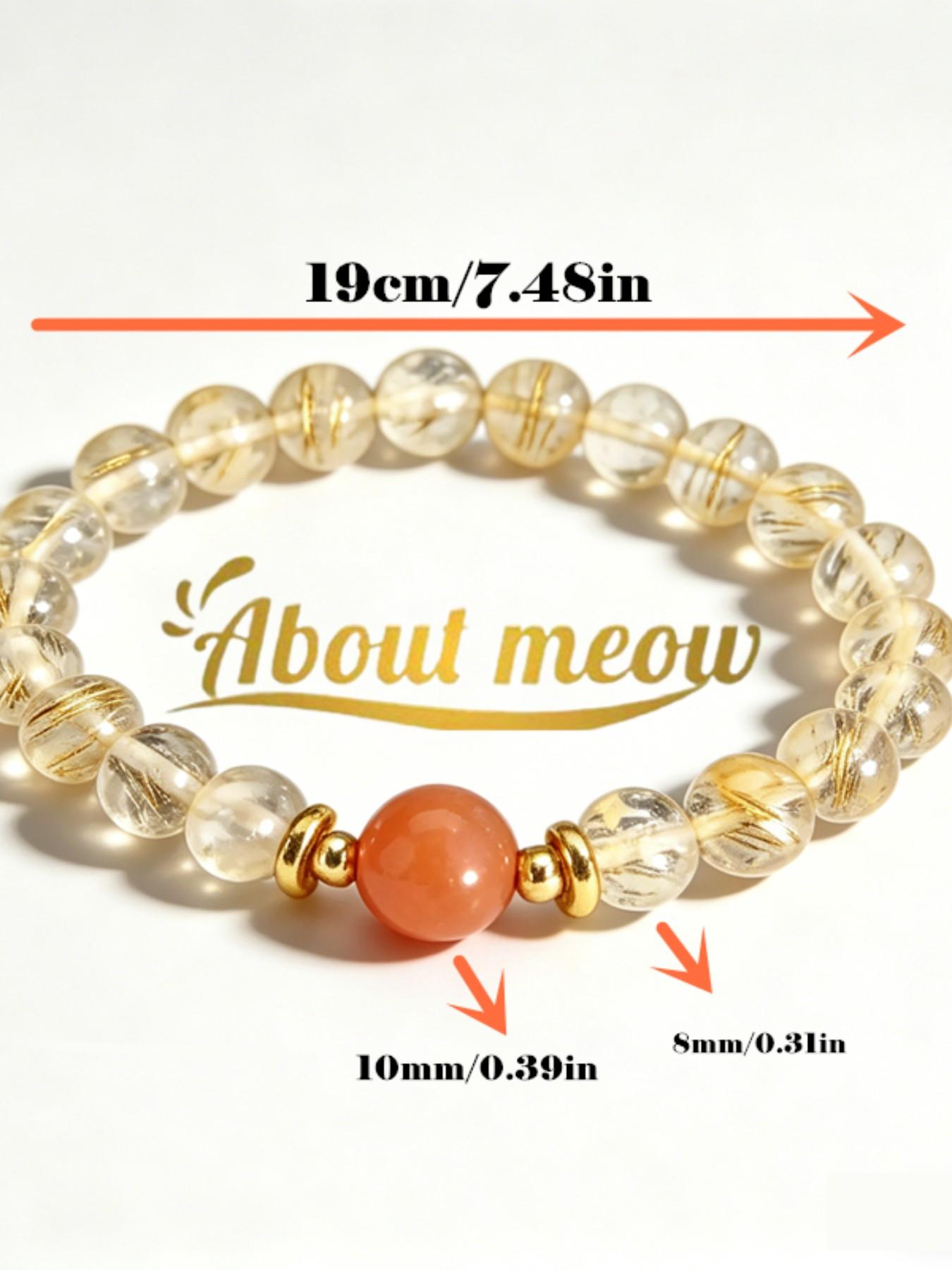 Natural Gold Rutilated Quartz Beaded Bracelet, Lucky Sunstone, 14k Spacers, Handmade Elastic Healing Crystal Jewelry, Luxury Gift for Women