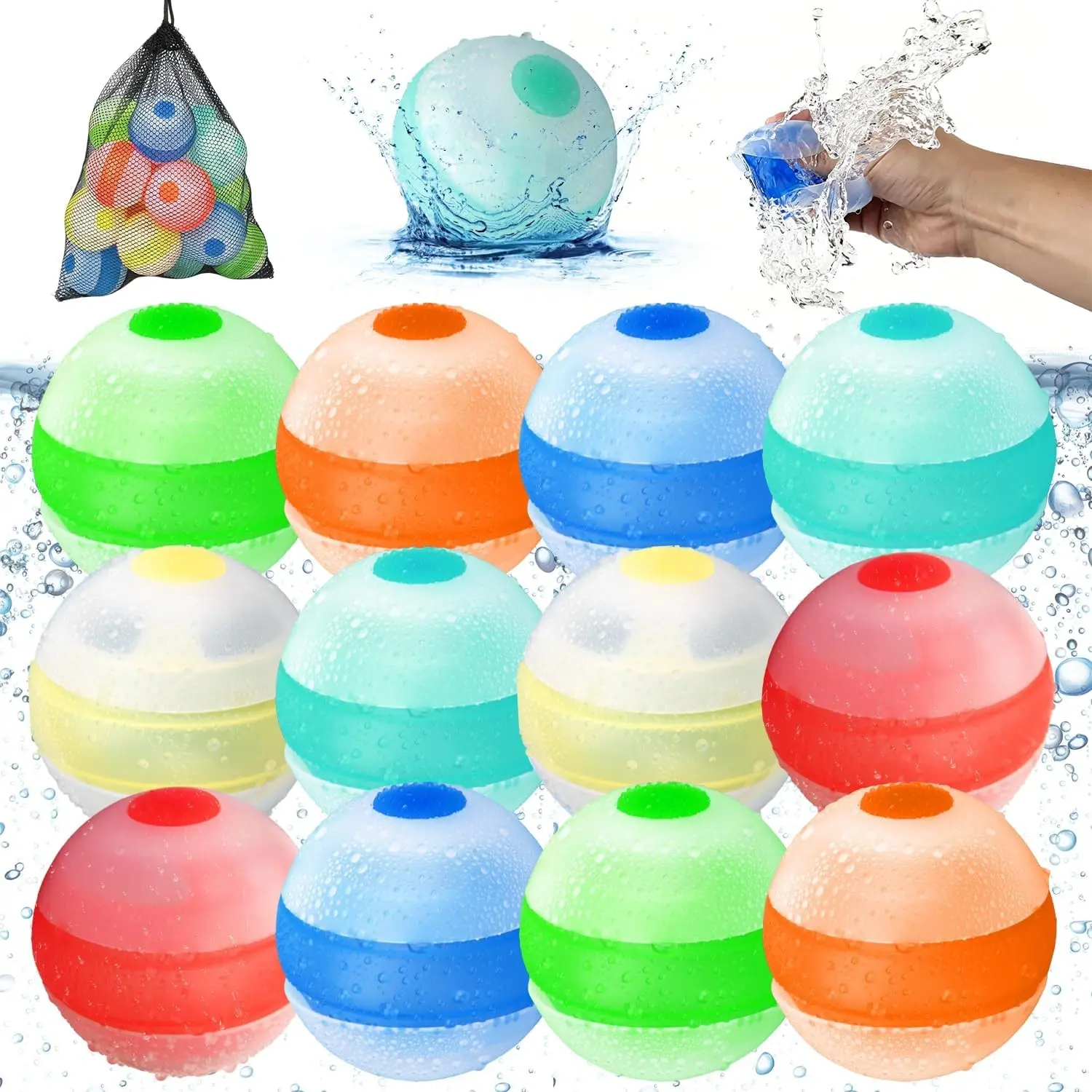 Reusable Quick-Fill Refillable Water Balloons, Soft Silicone Splash Balls for Toddlers Ages 4-12, Self-Sealing Summer Outdoor Beach Pool Party Toys (12 Pack)Gift