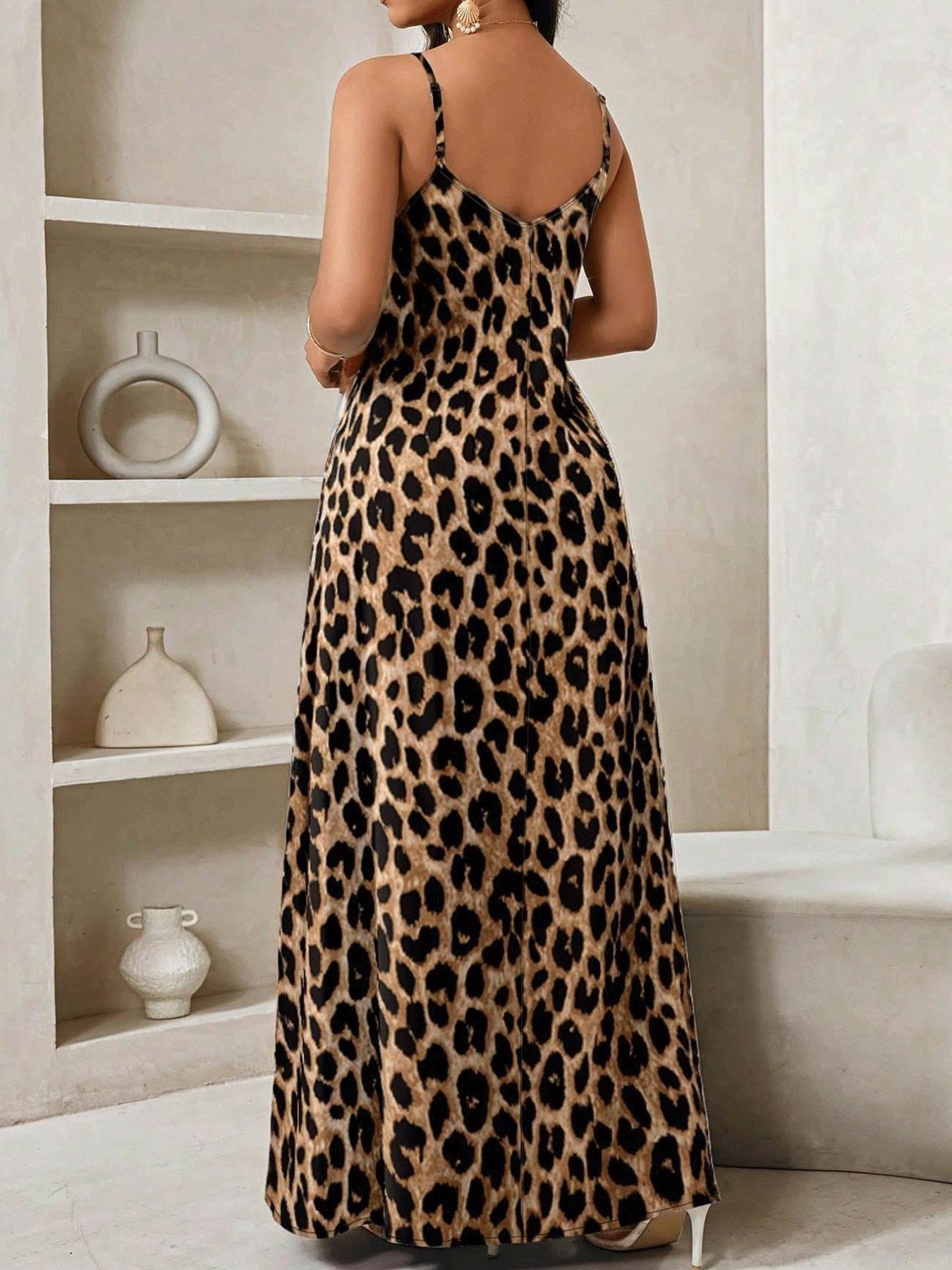 Summer Leopard Print Halter Dress, Long A-Line Maxi Dress, Casual V-Neck Dress with Pockets, Loose Fit Beach Dress, Ffsp063