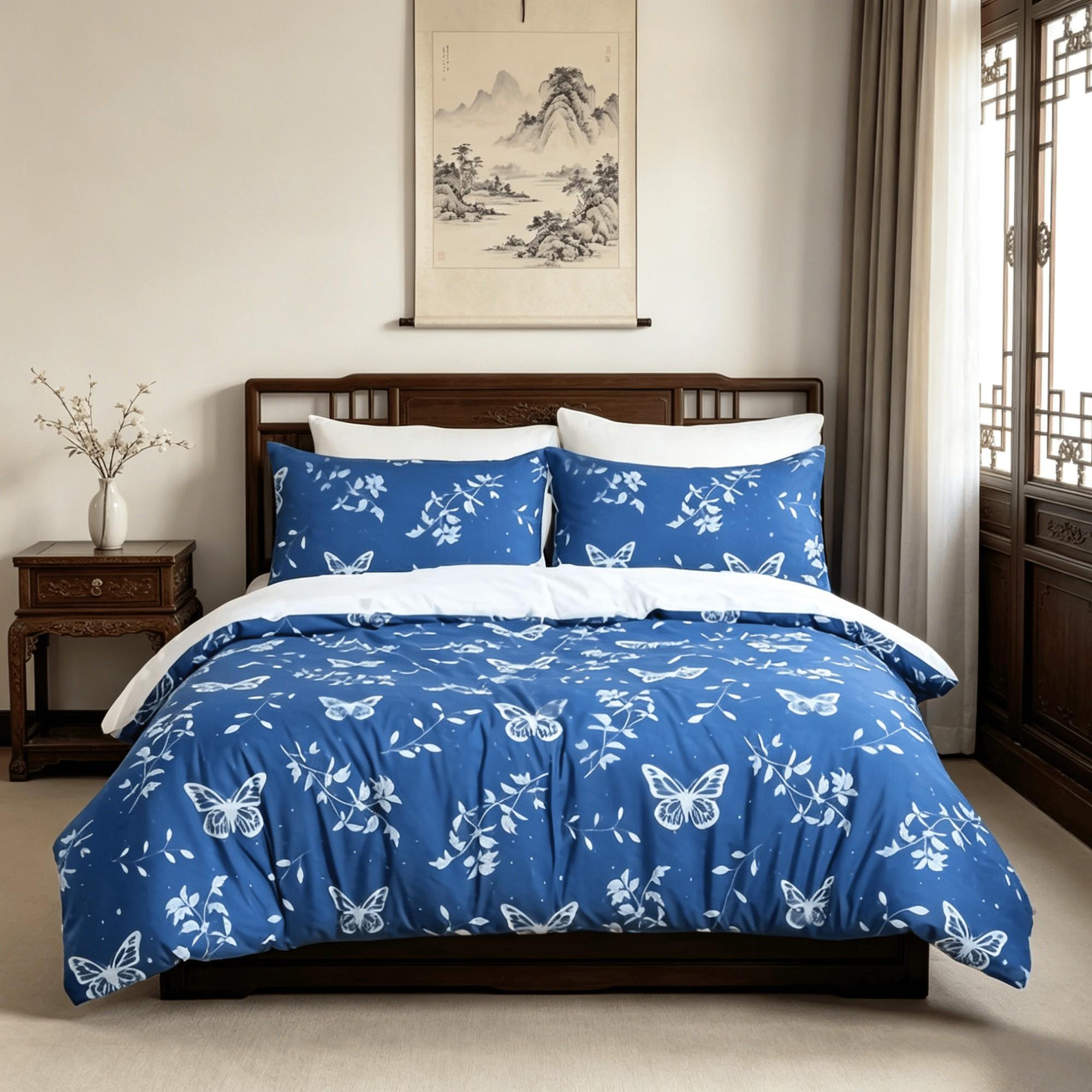 Blue Butterfly Print Bedding Duvet Cover Set, 3-Piece Set includes 1 duvet cover + 2 pillowcases, without inserts.Ultra soft and suitable for all seasons.The bedding is designed with a zipper closure, ideal for bedroom and guest room decoration.