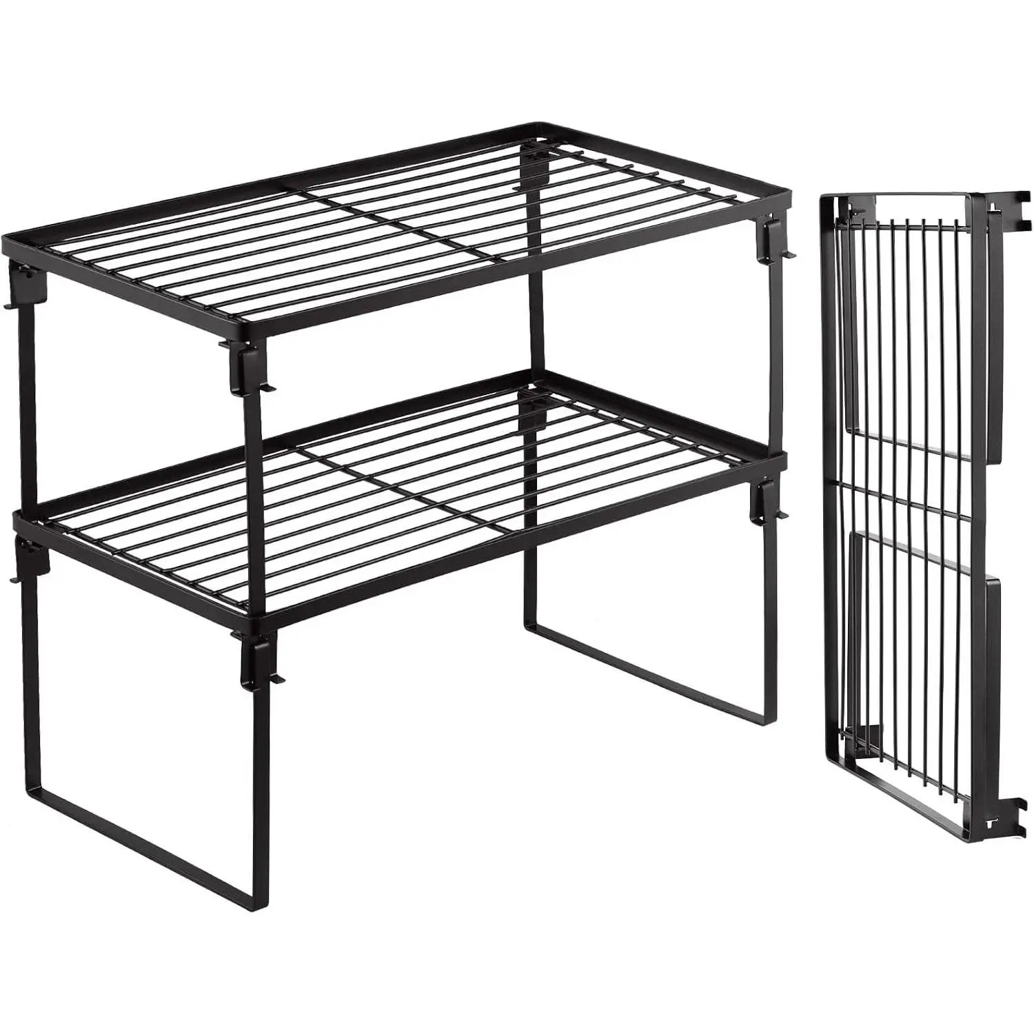2-Pack Stackable Shelf Rack Cabinet Shelves| Cabinet Organizer Shelf for Spices, Pantry, Cupboard Countertop, with Removable Legs for Easy (Black)