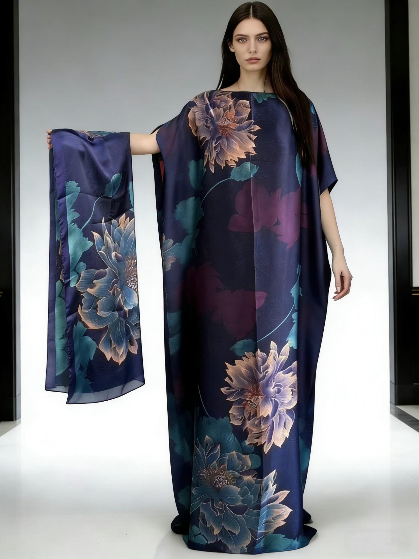 1dress+1scarf Viral Emerald Green Floral Print Satin Kaftan Maxi Dress with Matching Scarf – Silky Loose Fit, Plus Size Friendly, Luxury Loungewear, Beach Cover Up & Evening Party Wear, Must-Have Resort Fashion Piece