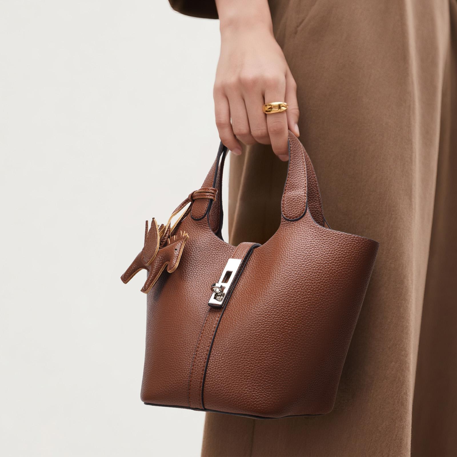 CN6004 Tote Bag for Women Vegan Leather Bucket Purse for Women Top Handle Handbag Shoulder Bag with Detachable Small Purse Yellow Brown TikTokShopHolidayHaul