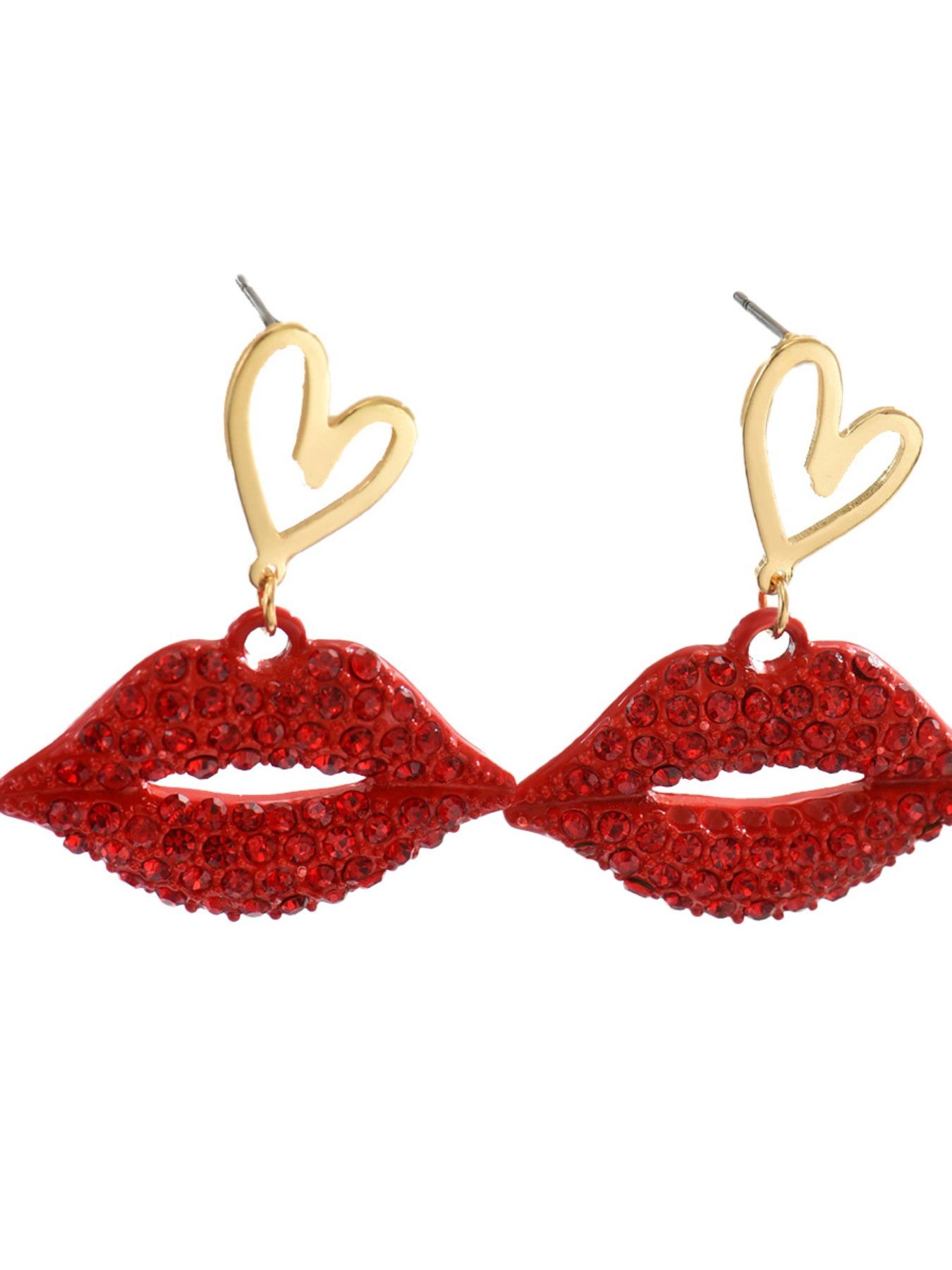 New Women's Jewelry, Unique Rhinestone Heart Design Lip Earrings, Versatile High-End Ear Accessories, Fashionable and Stylish