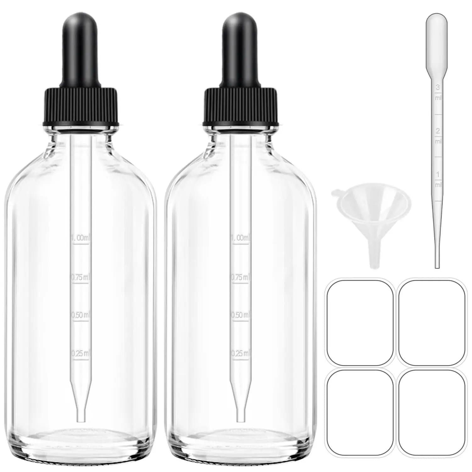 2 Pack 4oz Clear Glass Dropper Bottles with Unbreakable Plastic Eye Droppers, 120ml Tincture Bottles with 1.25ml Graduated Droppers, Funnel, Labels & Pipette for Essential Oils, Face SerumsGift