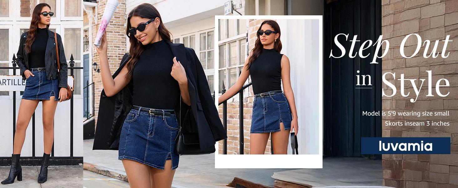 luvamia Skorts Skirts for Women Denim Mini Casual Oversize Skirt Side Slit with High Waisted Jean Shorts Stretchy