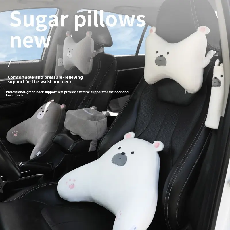 Cute Bear Car Headrest & Lumbar Support Set - Memory Foam Neck Pillow & Back Cushion, Soft Plush Cute Car Interior Accessories for Driving Fatigue Relief
