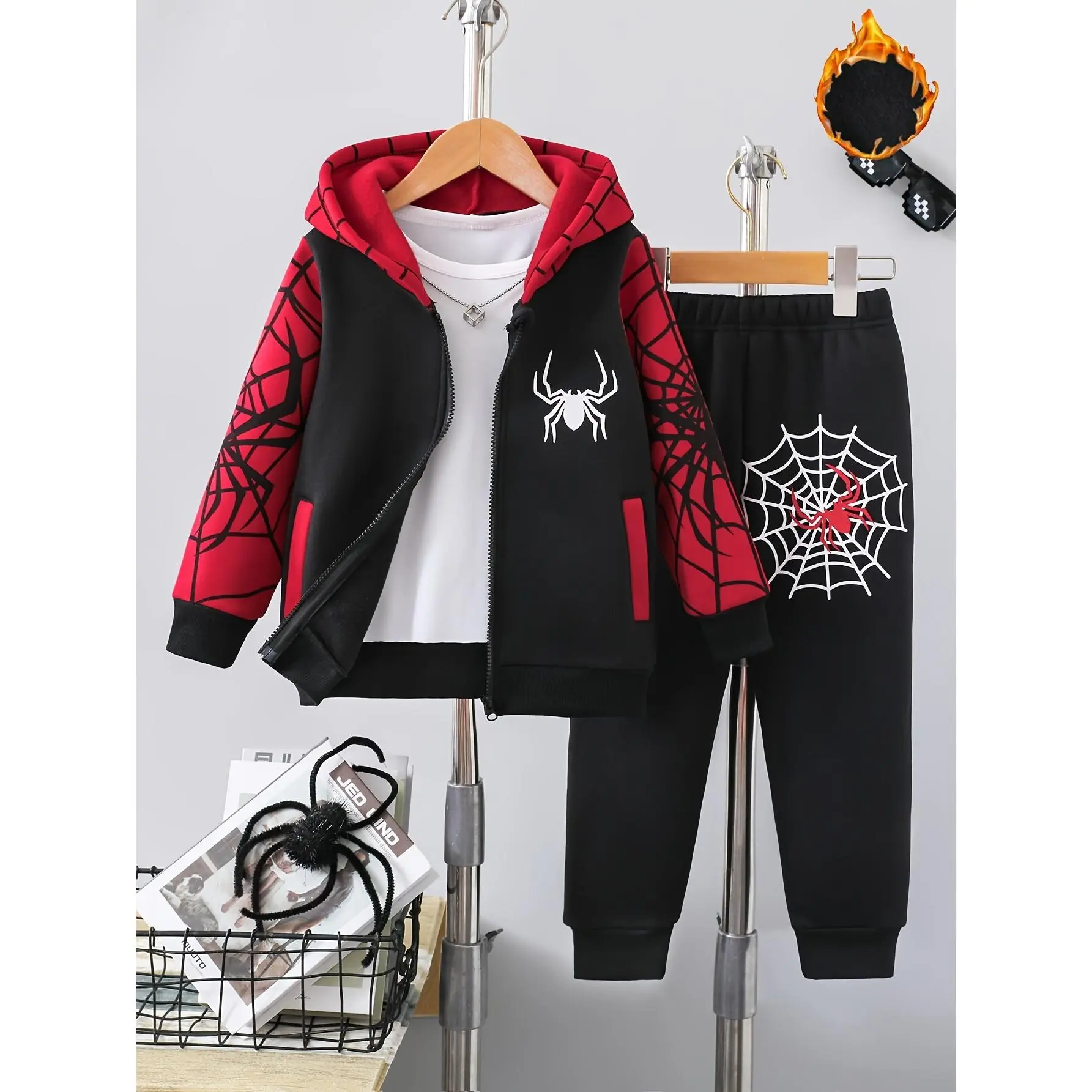 Boys' casual fashion fleece-lined thickened hoodie, zip-up sweatshirt and sweatpants set, children's autumn and winter comfortable versatile trendy clothing-dhy